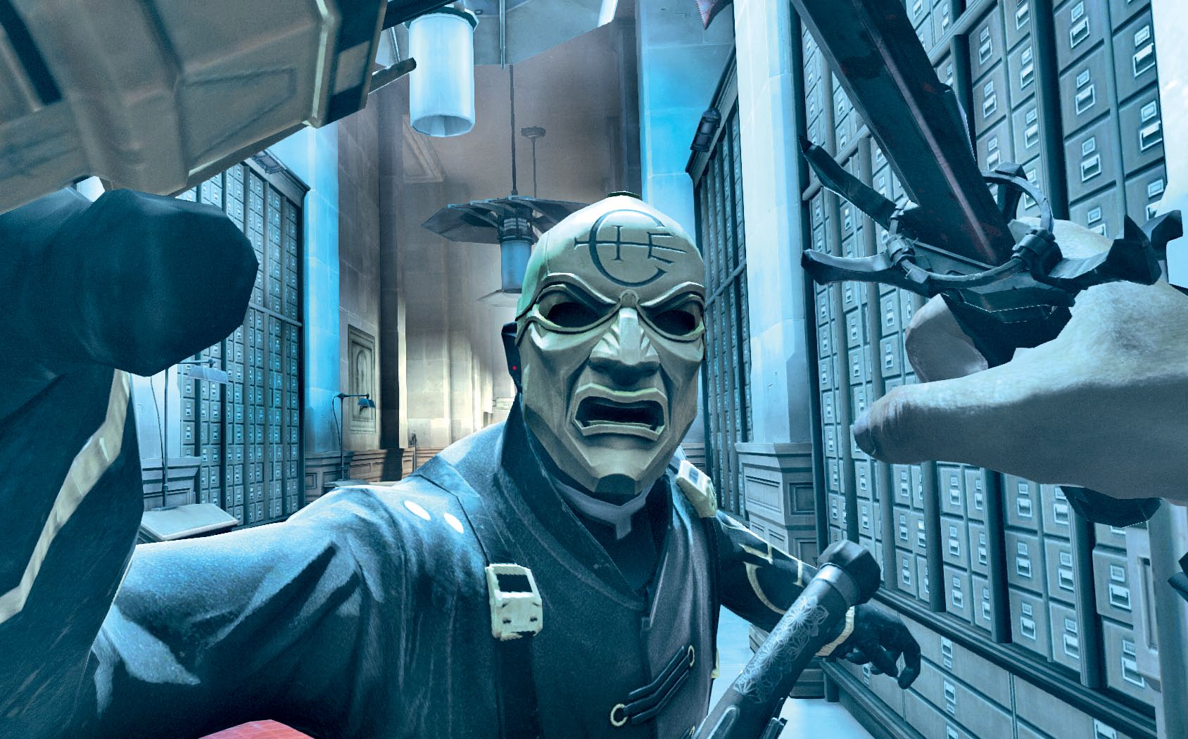 A masked enemy from Dishonored attacks the player in first-person.