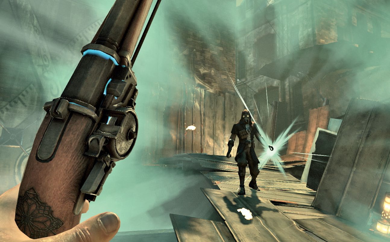 The player fires a pistol at an enemy in first-person.