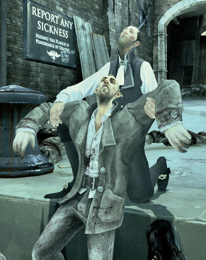 One man drags another by the arms across a grimy city street. A sign in the background reads, 
