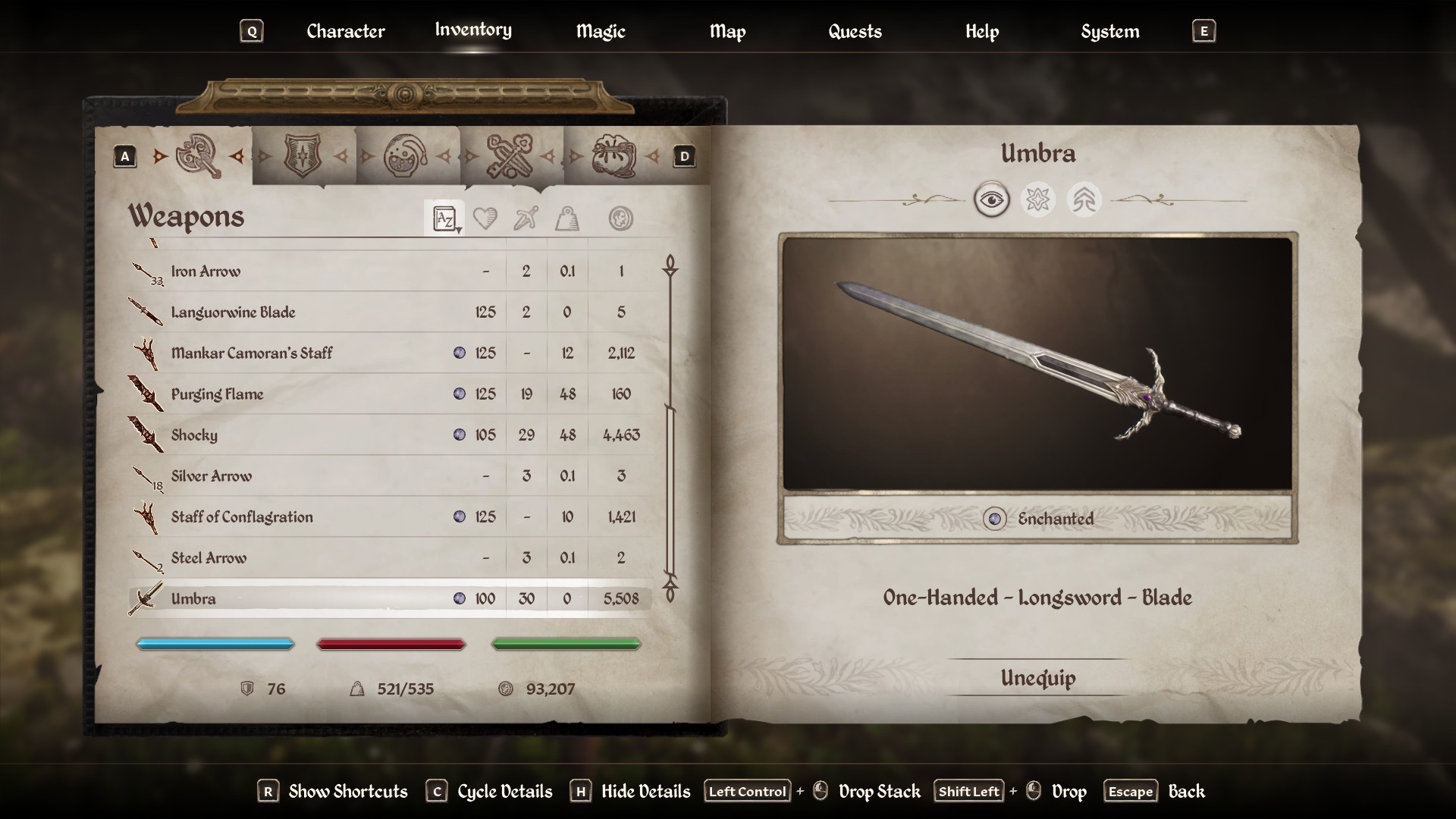 Oblivion Remastered - Umbra sword in player inventory