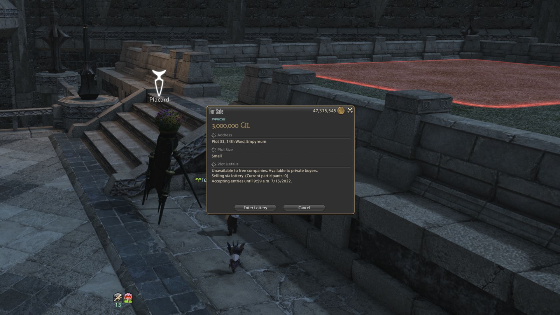 Final Fantasy 14 - The housing window where the game prompts players to place a bid.