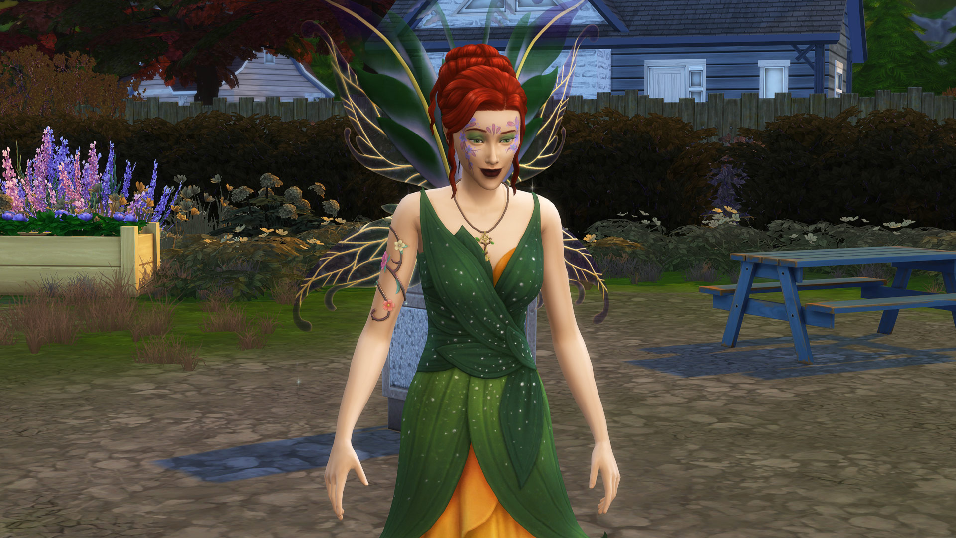 A fairy with red hair and green wings in The Sims 4 Enchanted by Nature