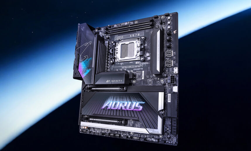 A promotional image of the Gigabyte X870 Aorus Infinity motherboard