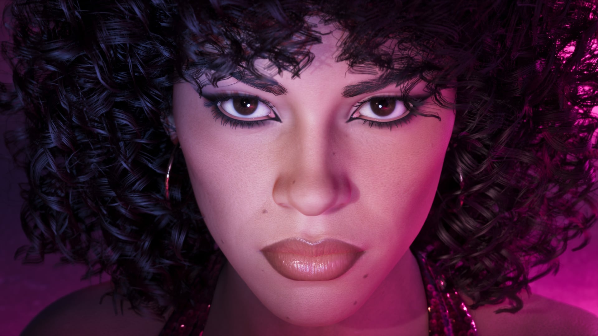 A woman appears in neon light.