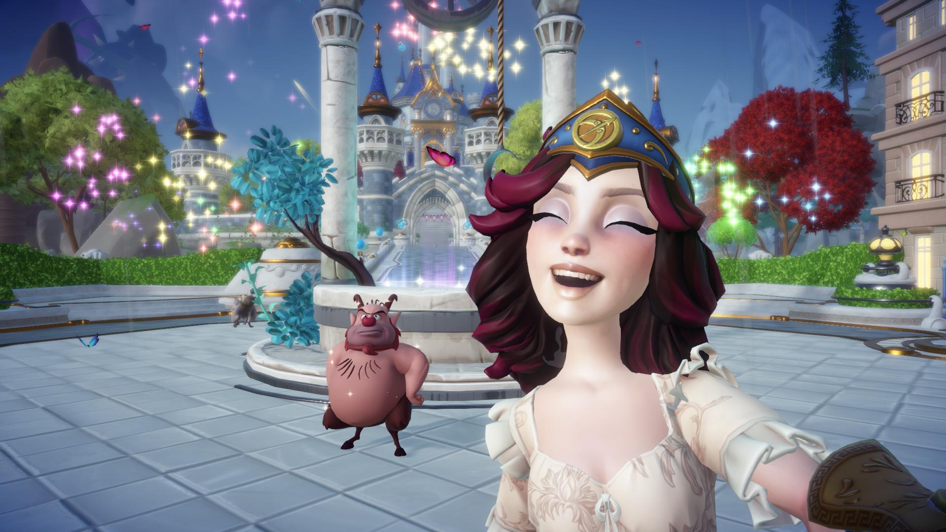 Player and Phil stood in front of the Dream Castle in Disney Dreamlight Valley