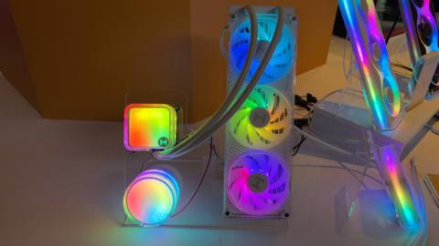 A prototype AIO cooler from Hyte that has RGB and a transparent fan shroud.