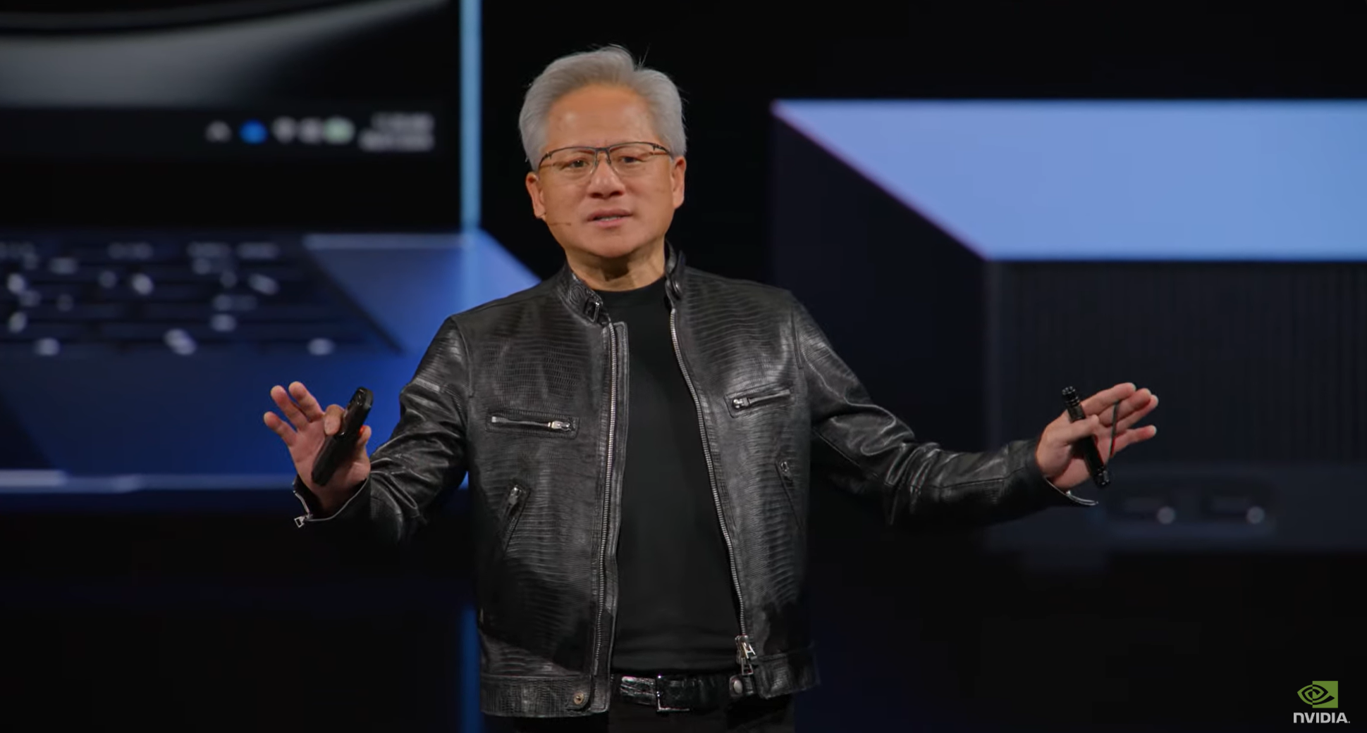 Nvidia's CEO Jen-Hsun Huang on stage at GTC Taiwan with the new RTX Spark.