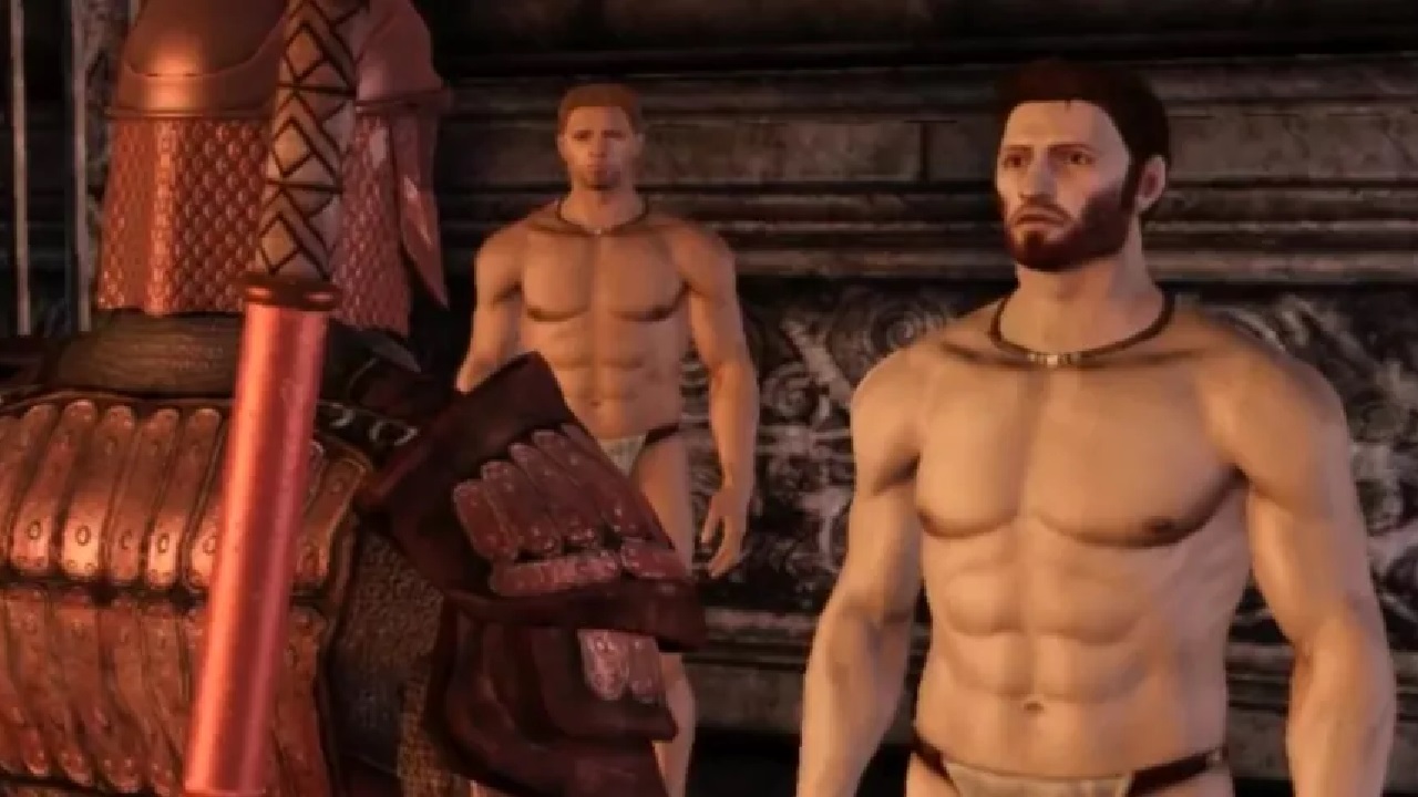Two loincloth-clad Dragon Age characters staring at camera