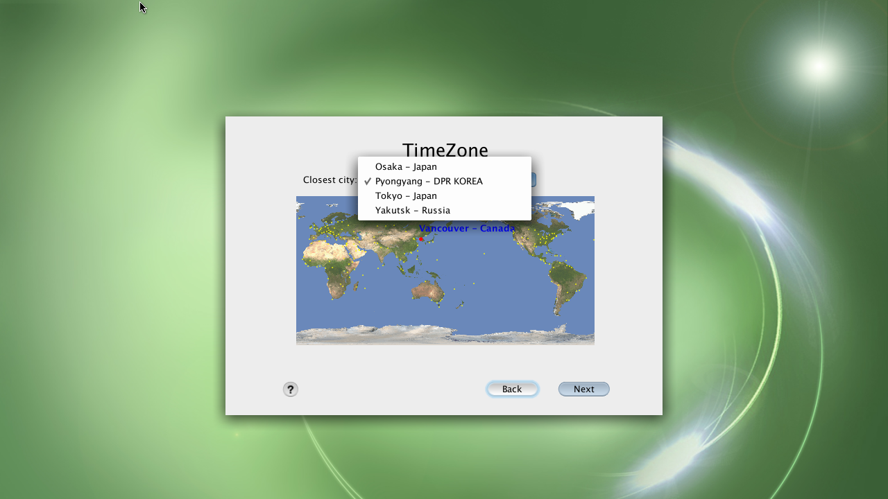 Choosing a timezone in RedStar.