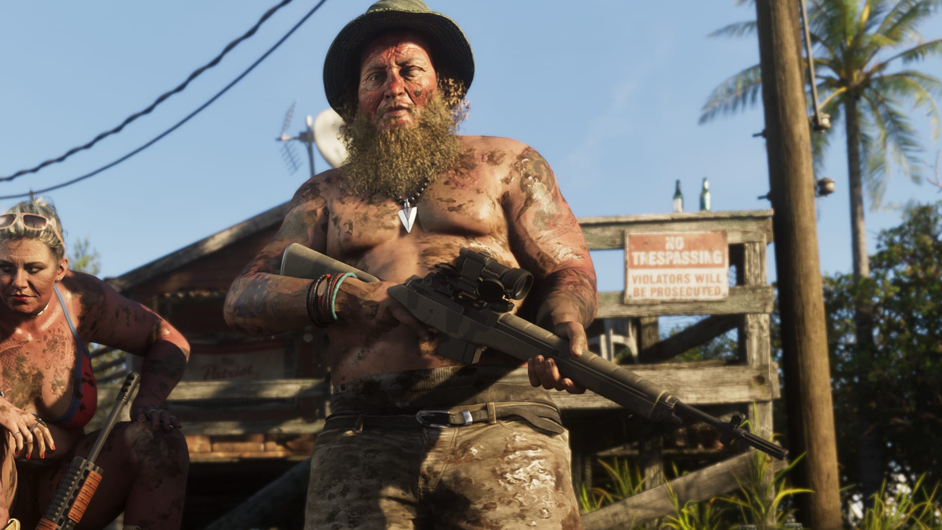 GTA 6 weapons: A poacher holding an M1A-inspired rifle outside a shack.