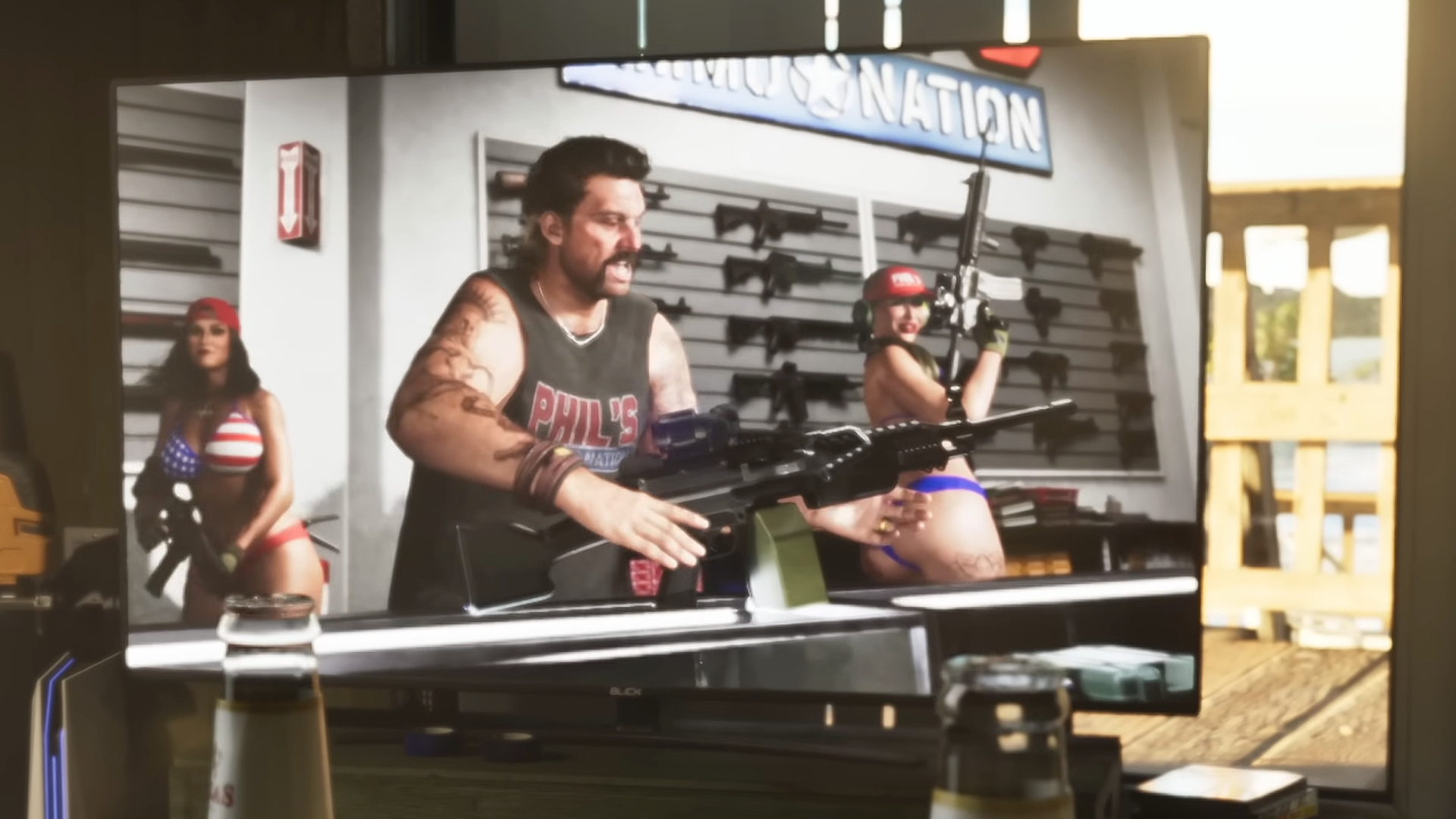 GTA 6 weapons: A gun store owner on TV picking up an M249-inspired LMG.