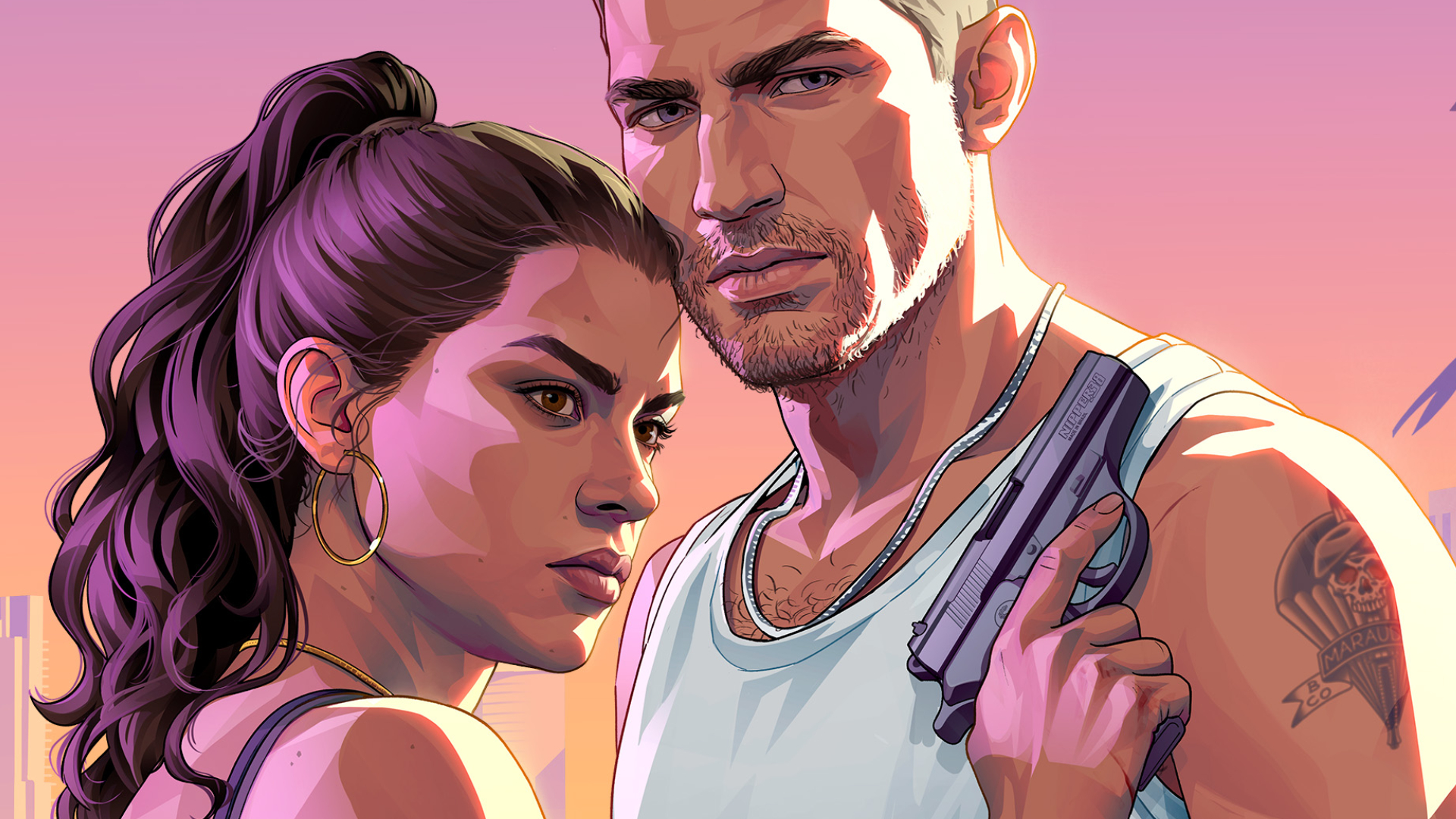 GTA 6 weapons: Artwork of Lucia leaning against Jason, holding a Nipper 38 pistol against his chest.