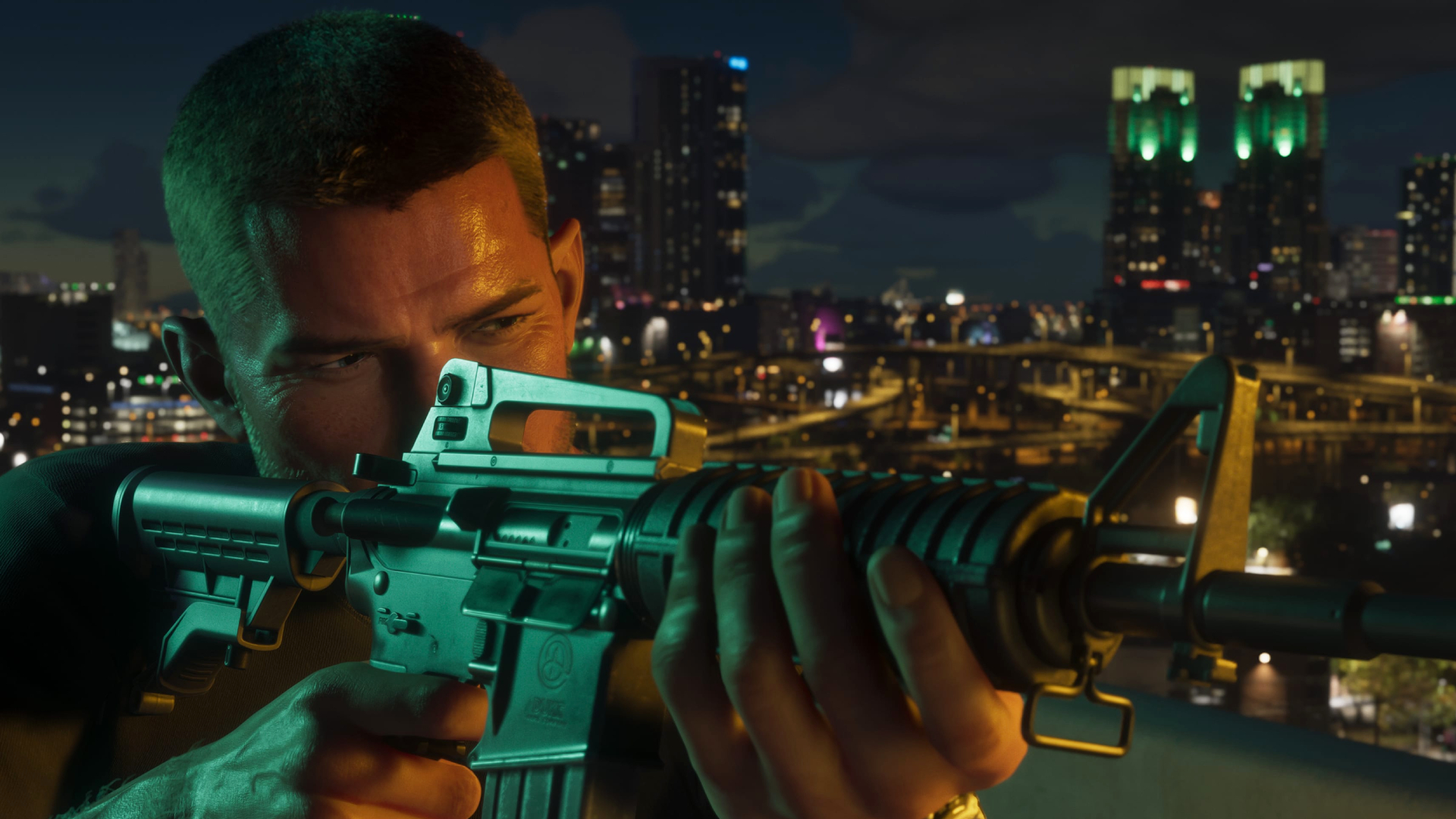 GTA 6 weapons: A close-up of Jason aiming a Duke, M4-inspired carbine.