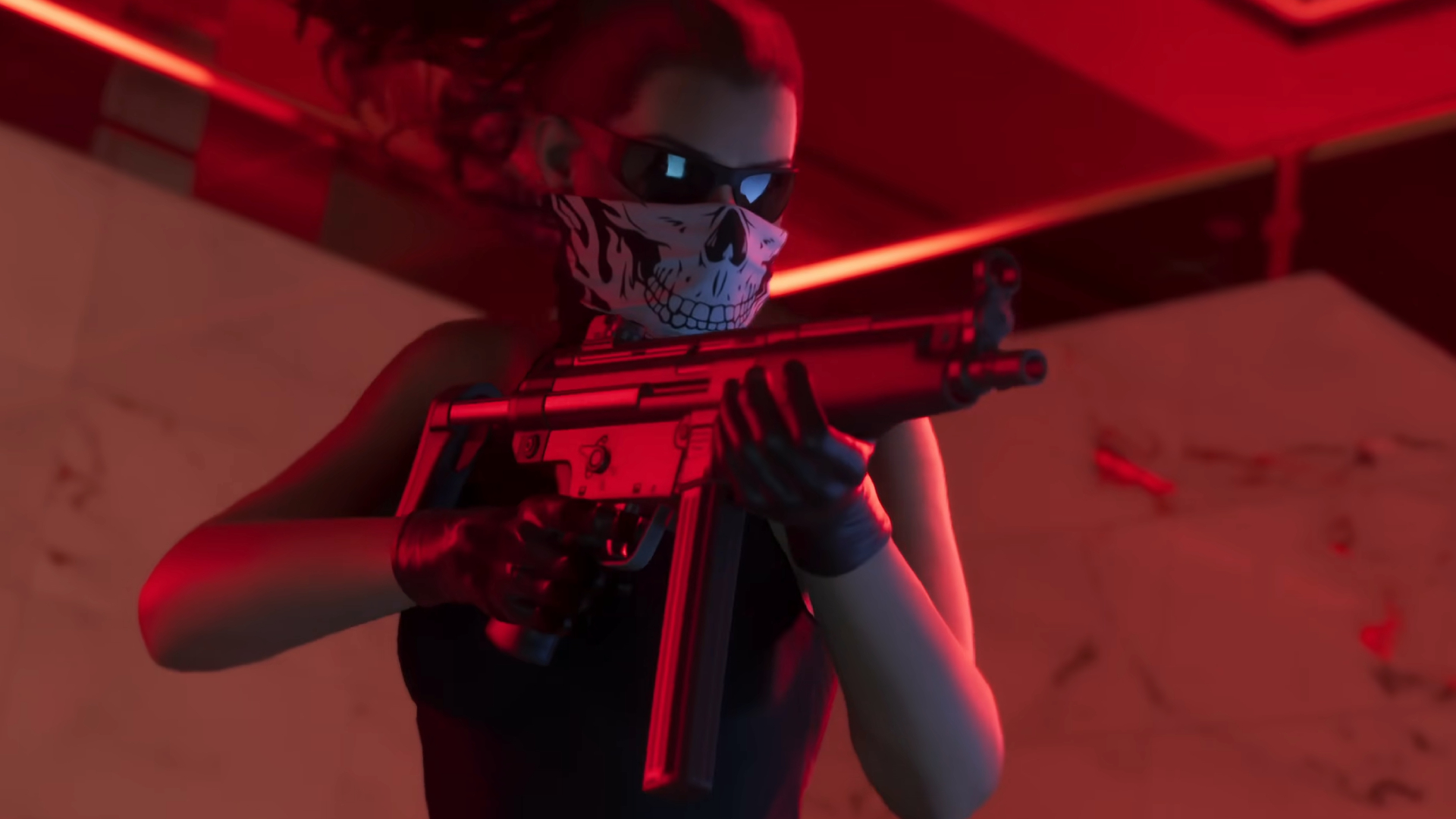 GTA 6 weapons: Lucia wearing glasses and a skull mask aiming an MP5-inspired SMG.