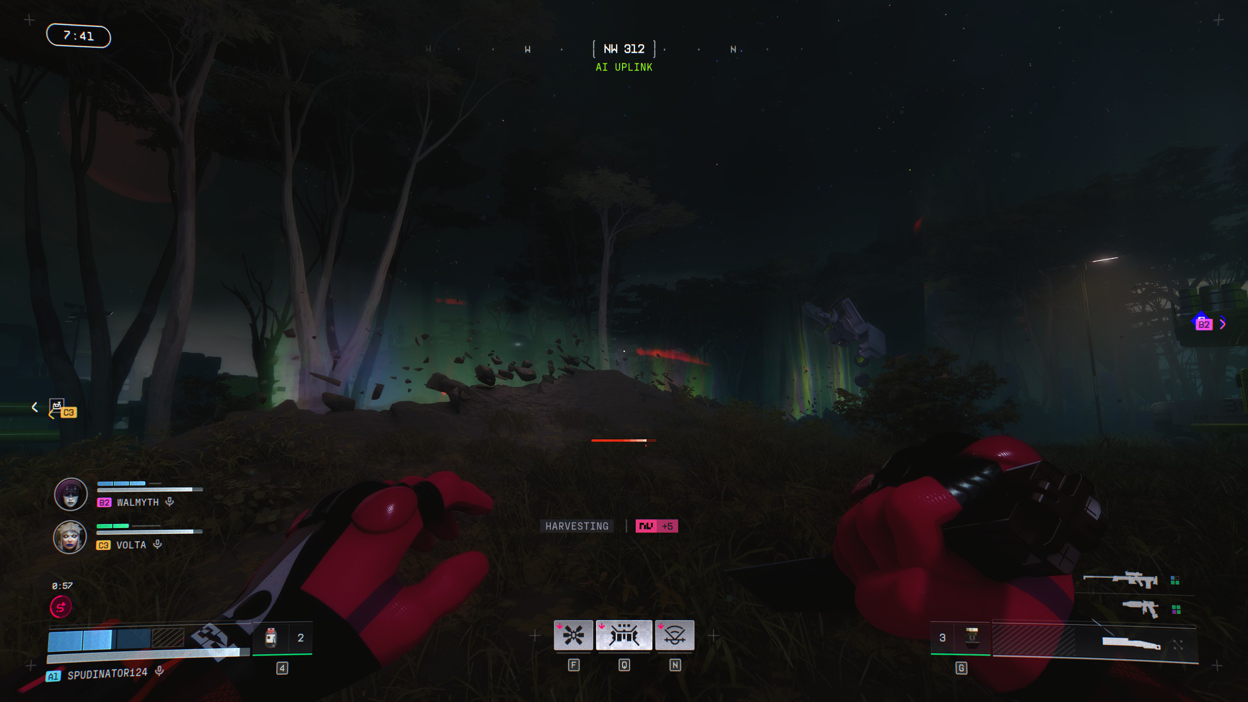 Marathon: A player walking through the swamp in Night Dire Marsh, with a knife at the ready.