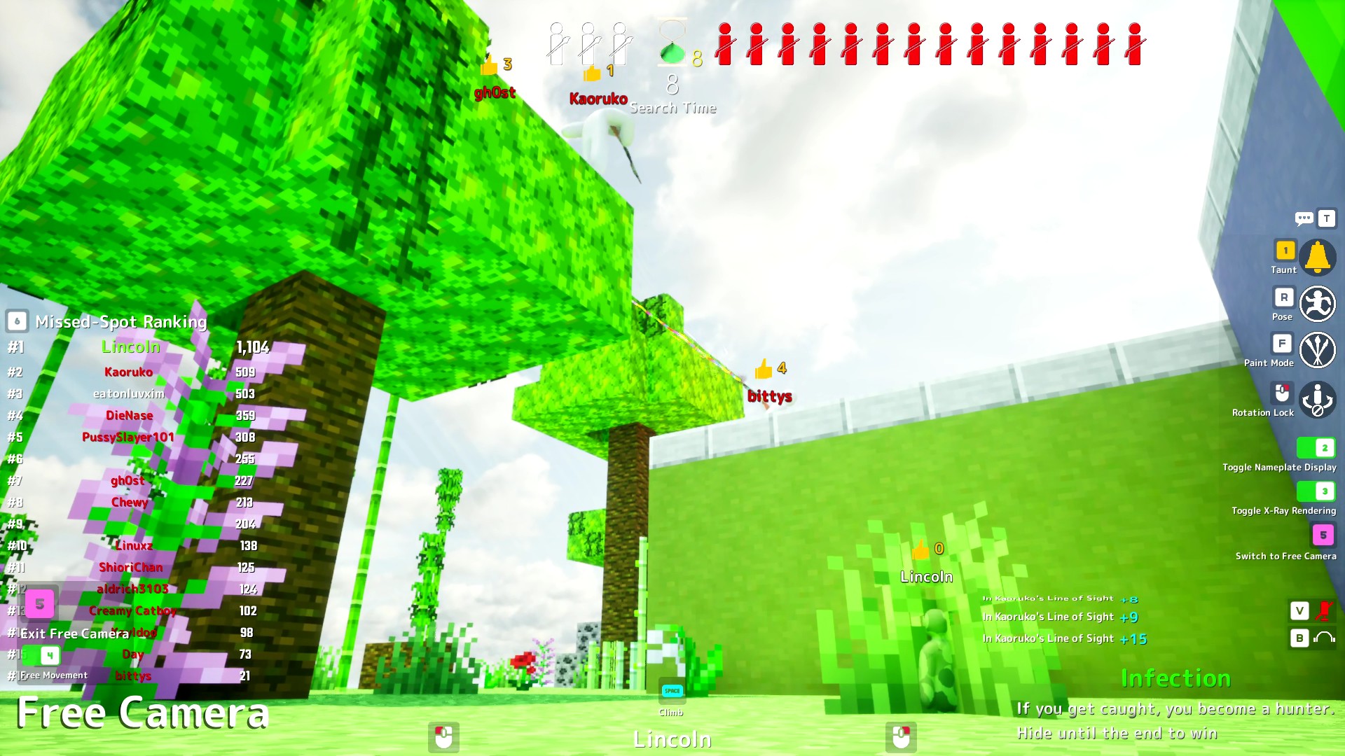 A Meccha Chameleon sitting in a tuft of Minecraft grass, painted to match, while hunters look down from above.