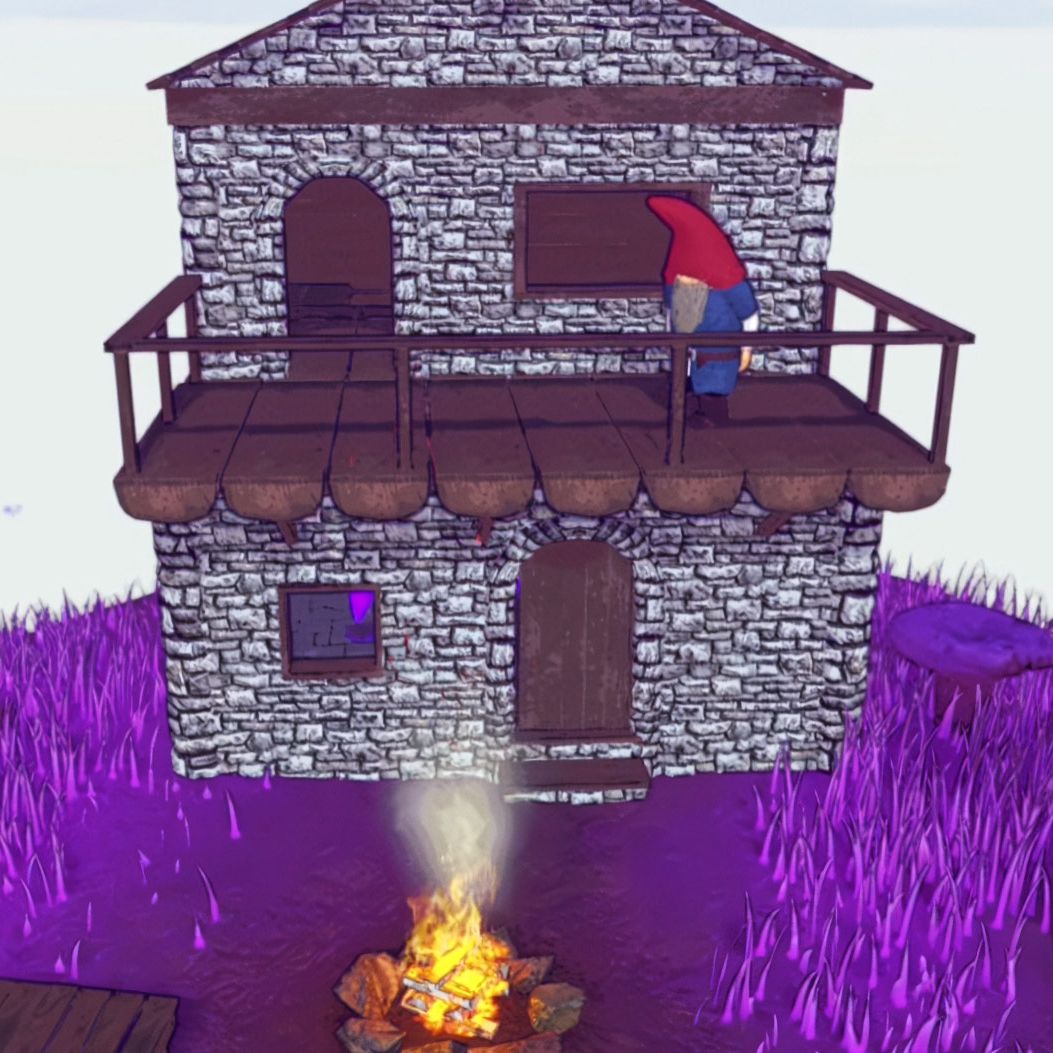 Burglin' Gnomes - A gnome standing on top of a tiny house in purple grass