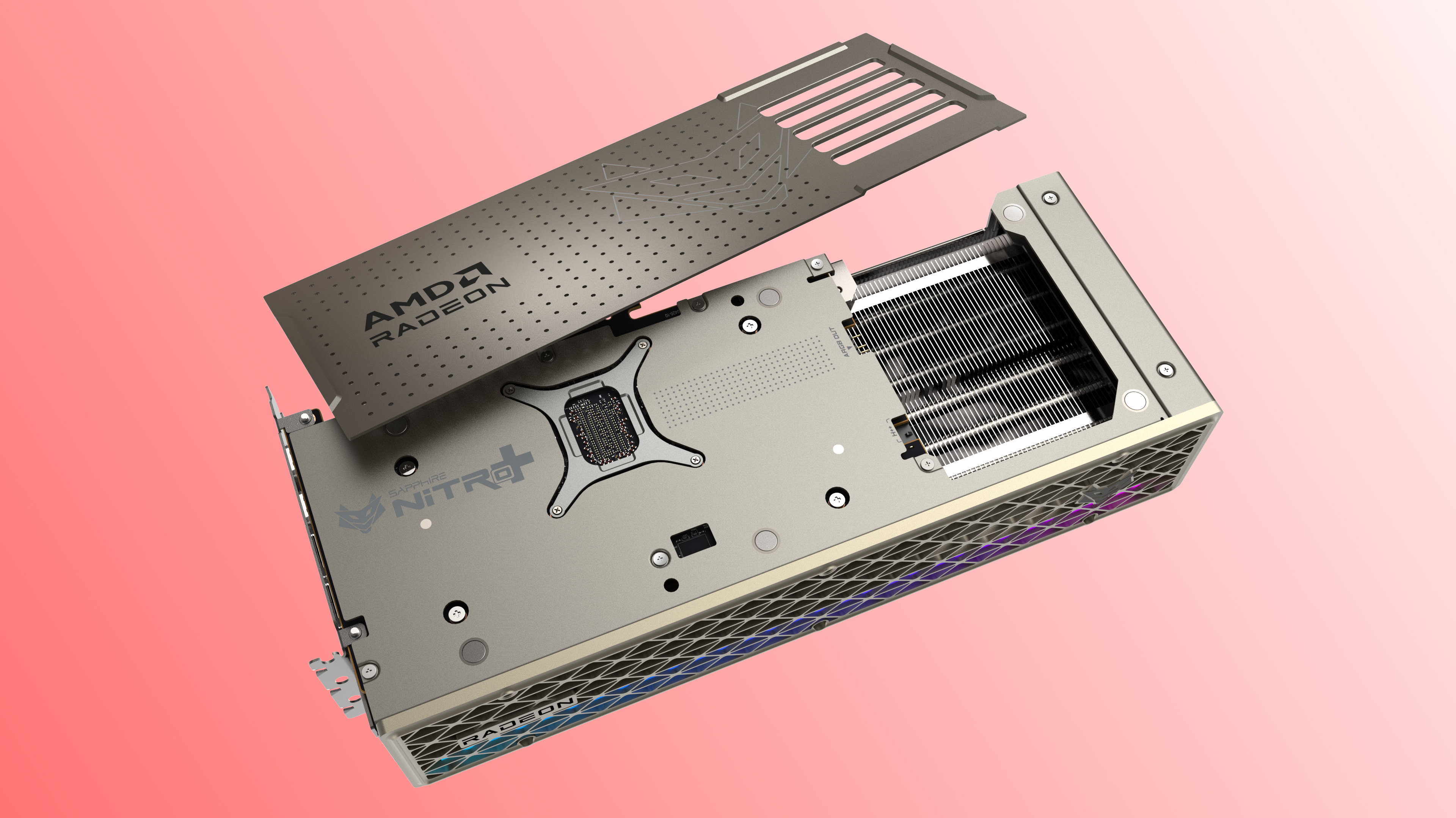 A promotional image of a Sapphire Nitro+ Radeon RX 9070 XT graphics card, with its backplate removed to show the location of the 12V-2x6 power connector