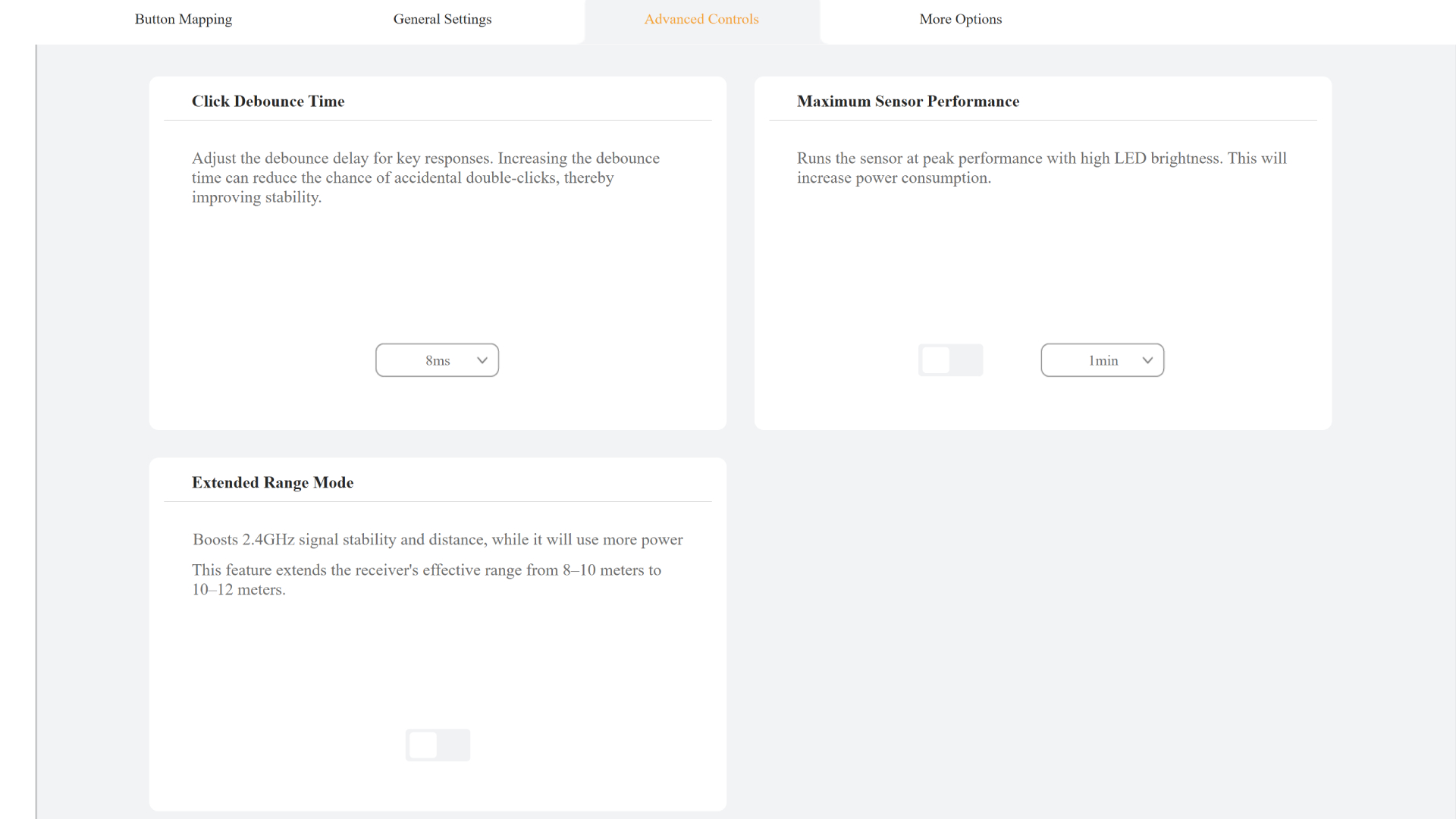 A screenshot of various settings options in the ProtoArc web software