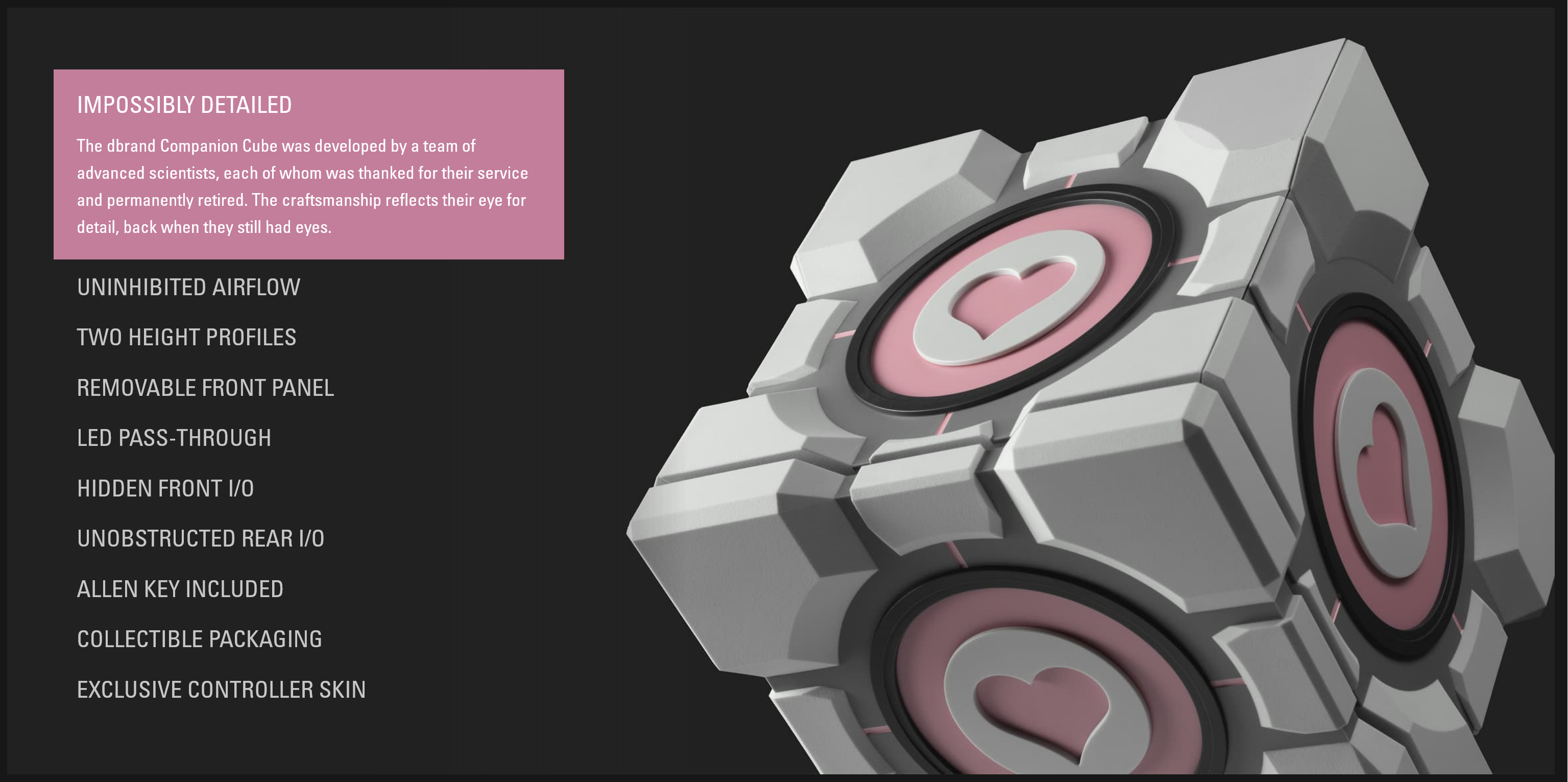 Dbrand Companion Cube Steam Machine case features