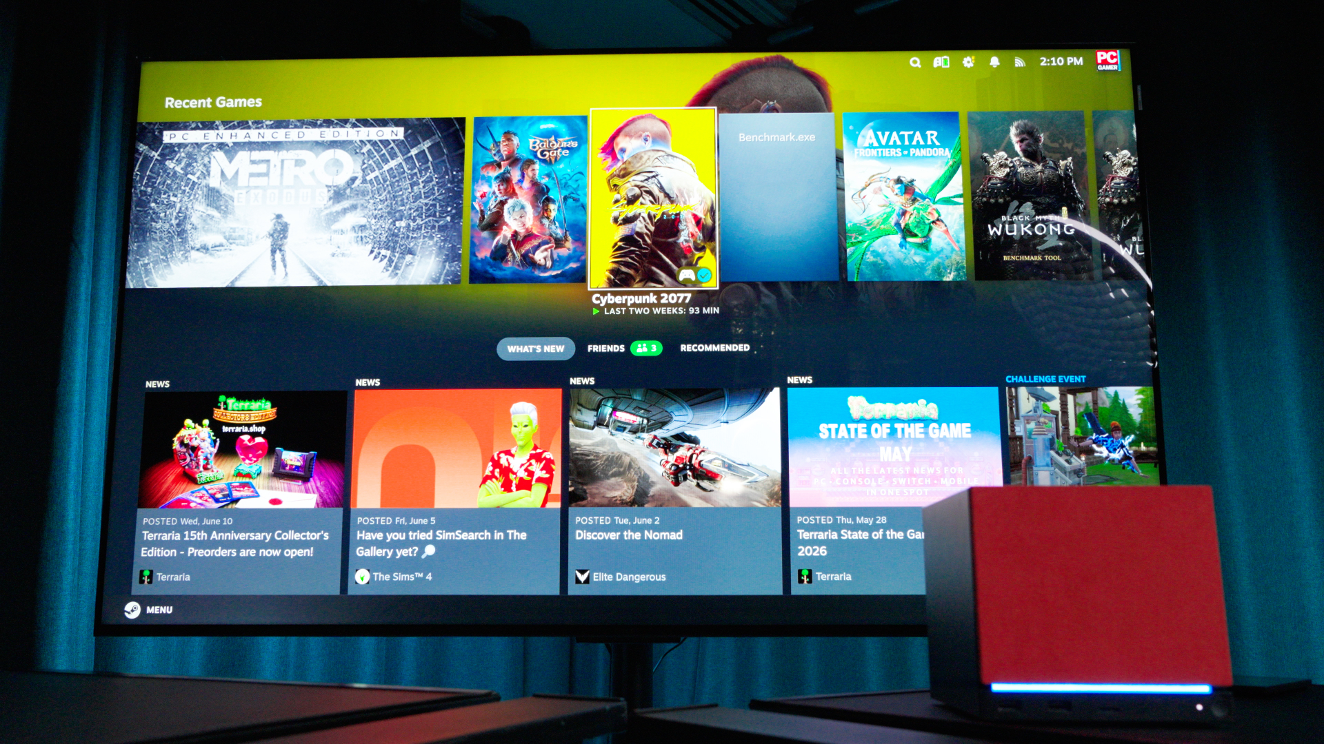 A Steam Machine connected to a 55-inch gaming TV with the SteamOS interface on display
