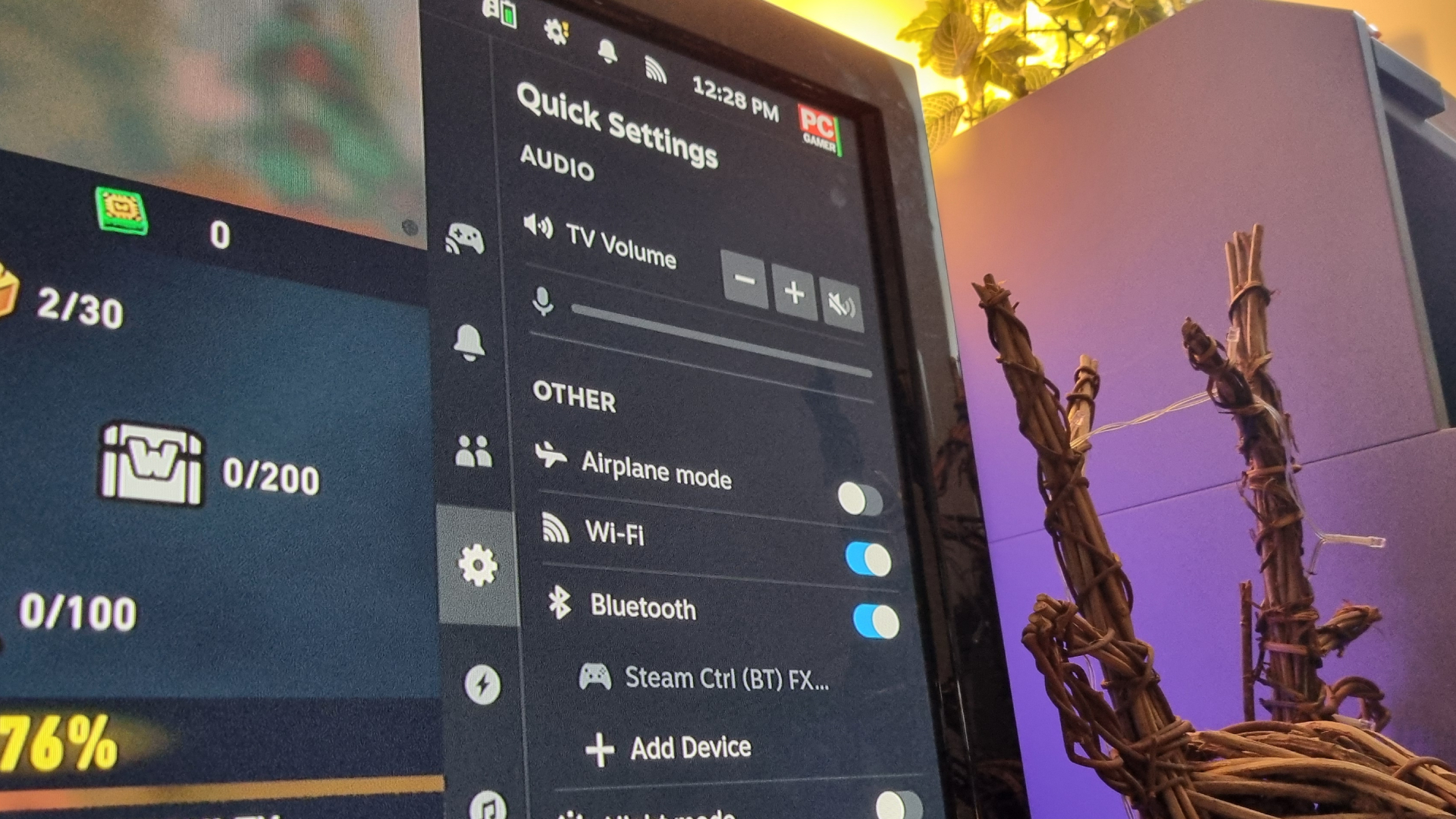 In-game quick menus for the Steam Machine, shown on a TV
