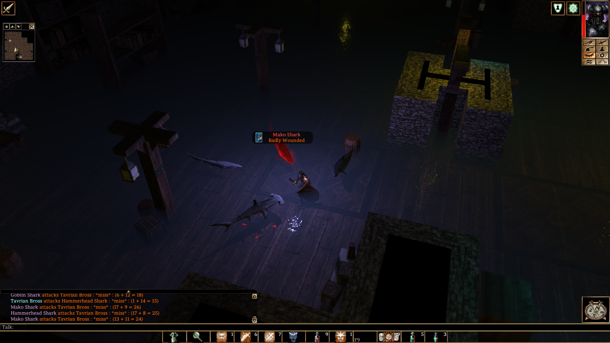 Neverwinter Nights Swordflight gameplay showing battle with sharks in waist-deep water