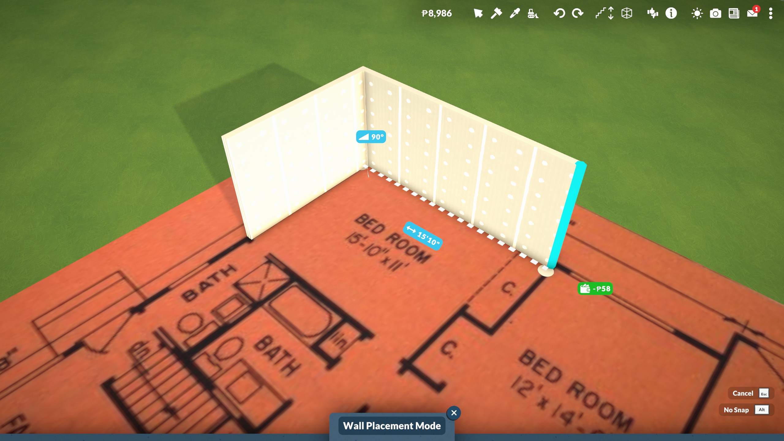 Paralives - two perpenducilar walls bring built over top of an image of a real life blueprint. The wall being built measures 10'11