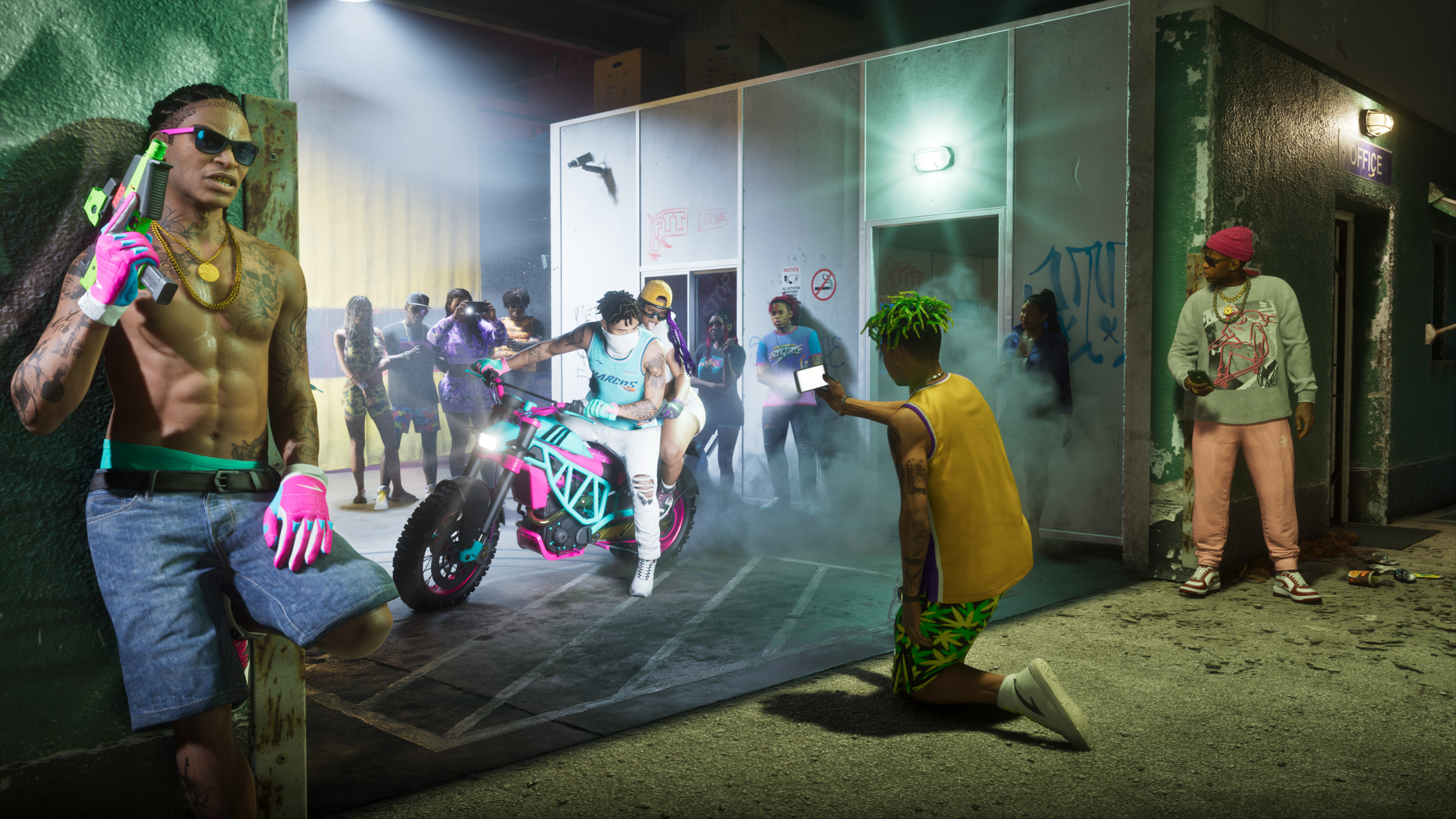 Crowd of people and a motorcycle.