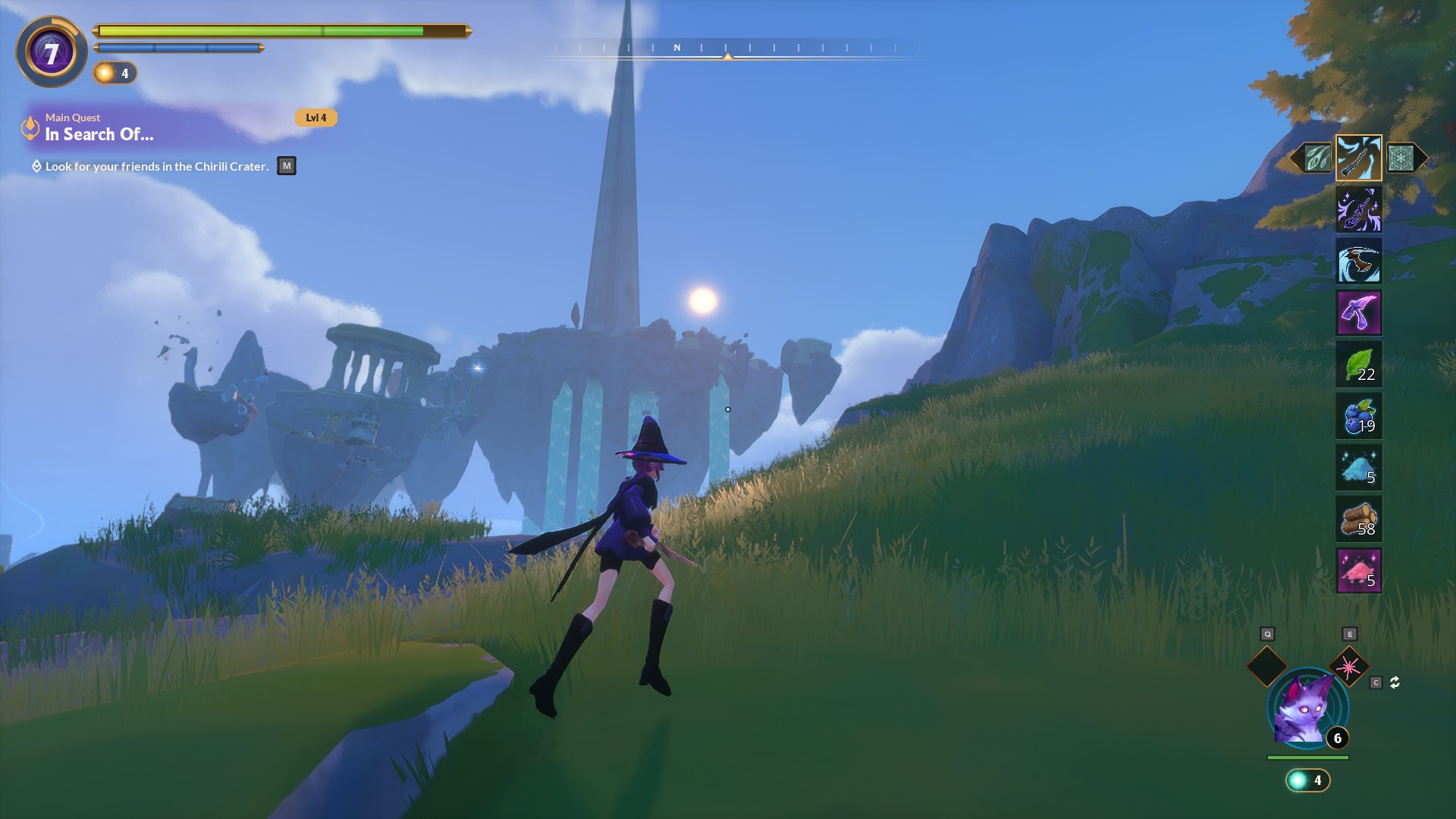 Various screenshots from Witchspire, displaying gameplay elements such as crafting, survival, and combat.