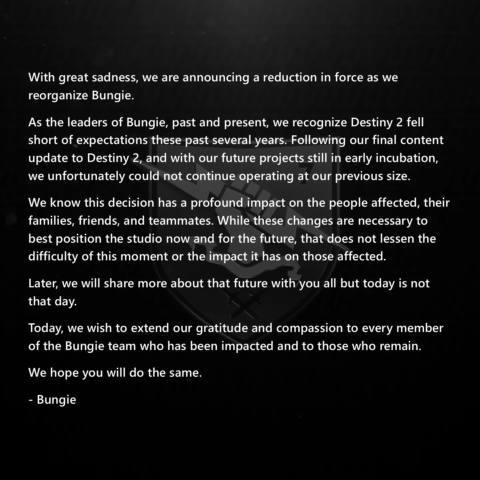 With Destiny 2 over, Bungie lays off ‘most of the Destiny team and some Marathon team members’