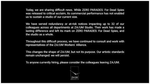 2 months after releasing Zero Parades, Studio ZA/UM is laying off employees: ‘Its commercial performance has not enabled us to sustain a studio of our current size’