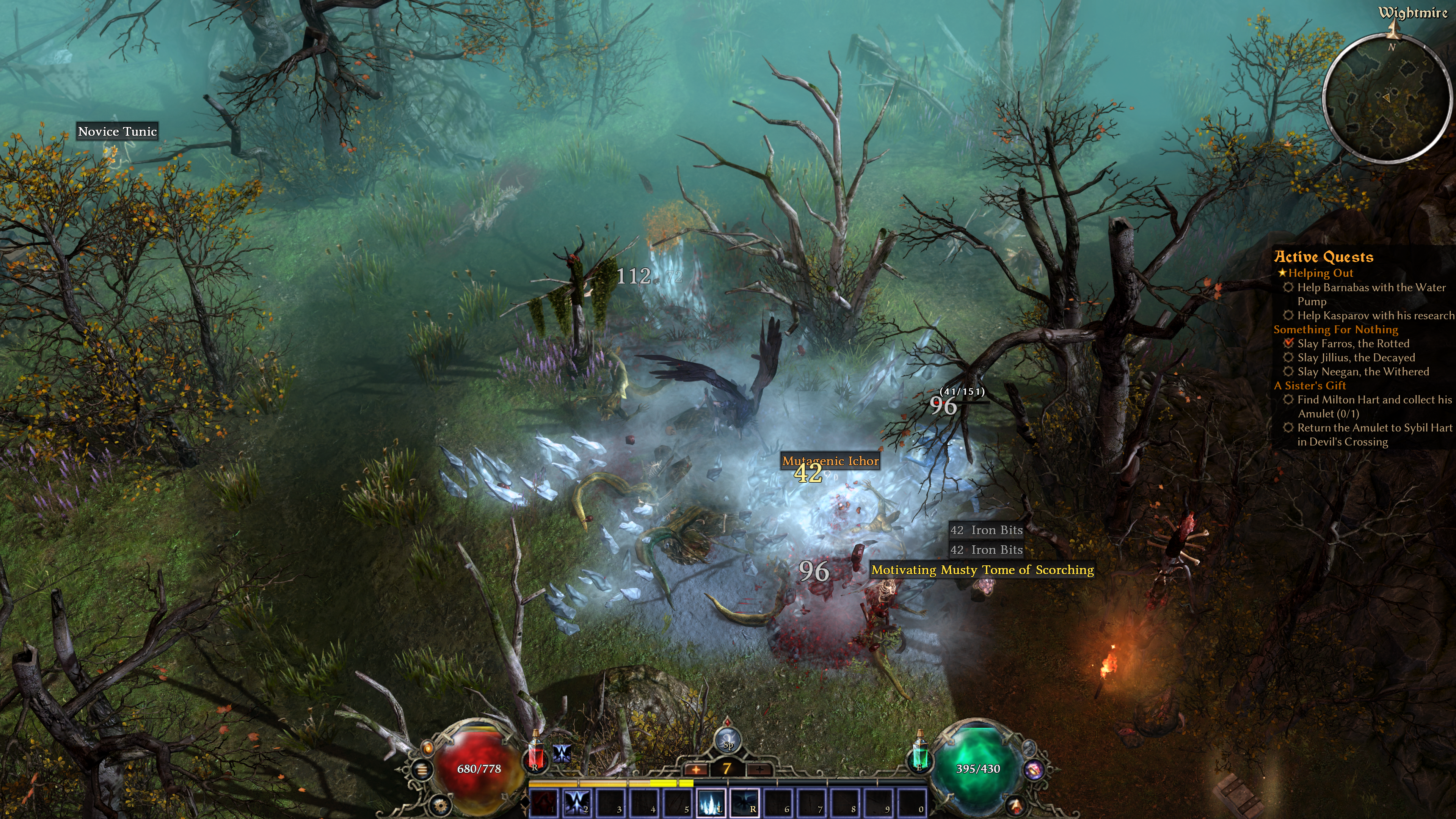 A screenshot of action RPG Grim Dawn. A player character as a crow freezes enemies with waves of ice crystals.