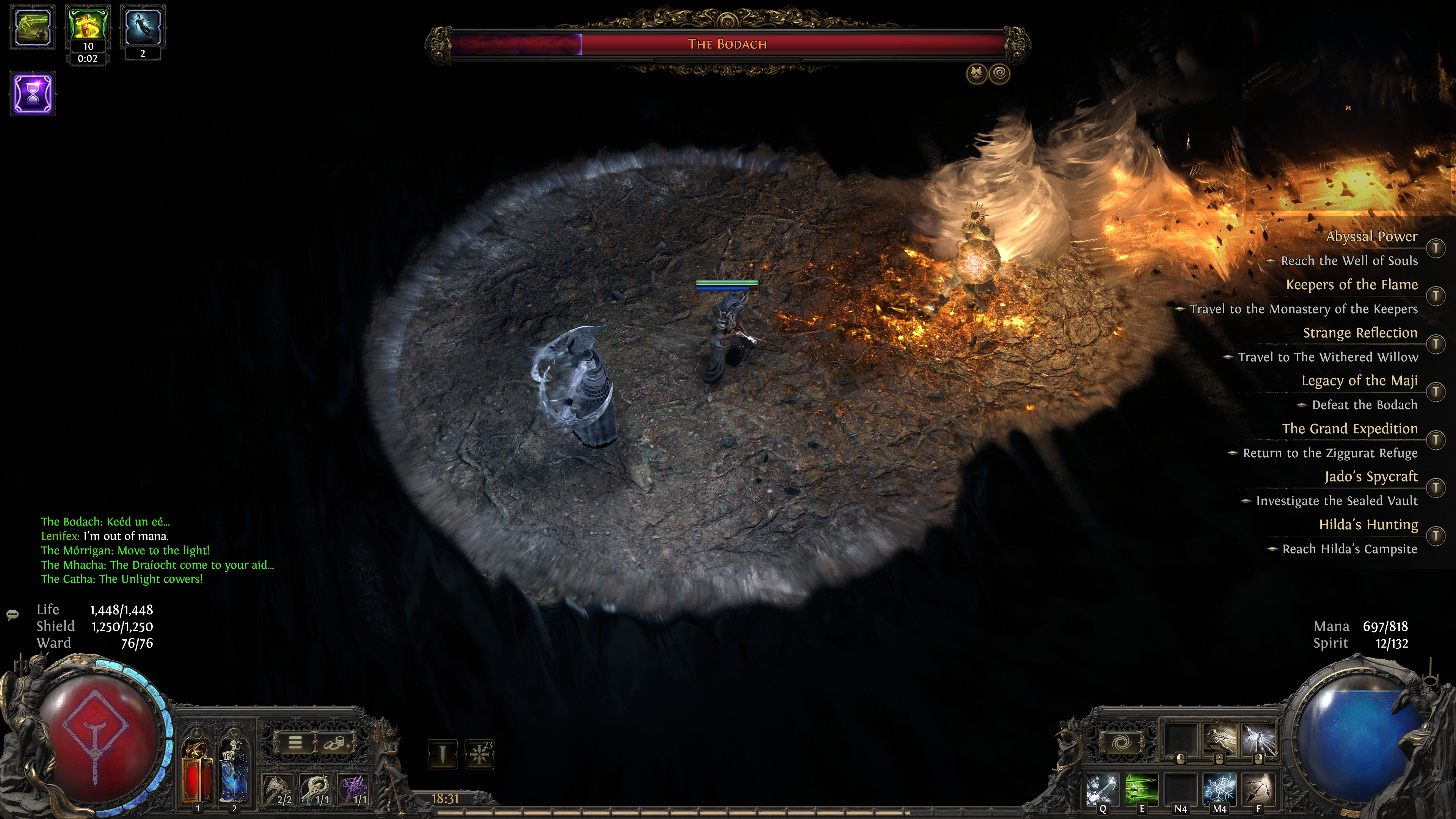A screenshot of Path of Exile 2. A character fights a boss on a round platform suspended in complete darkness.