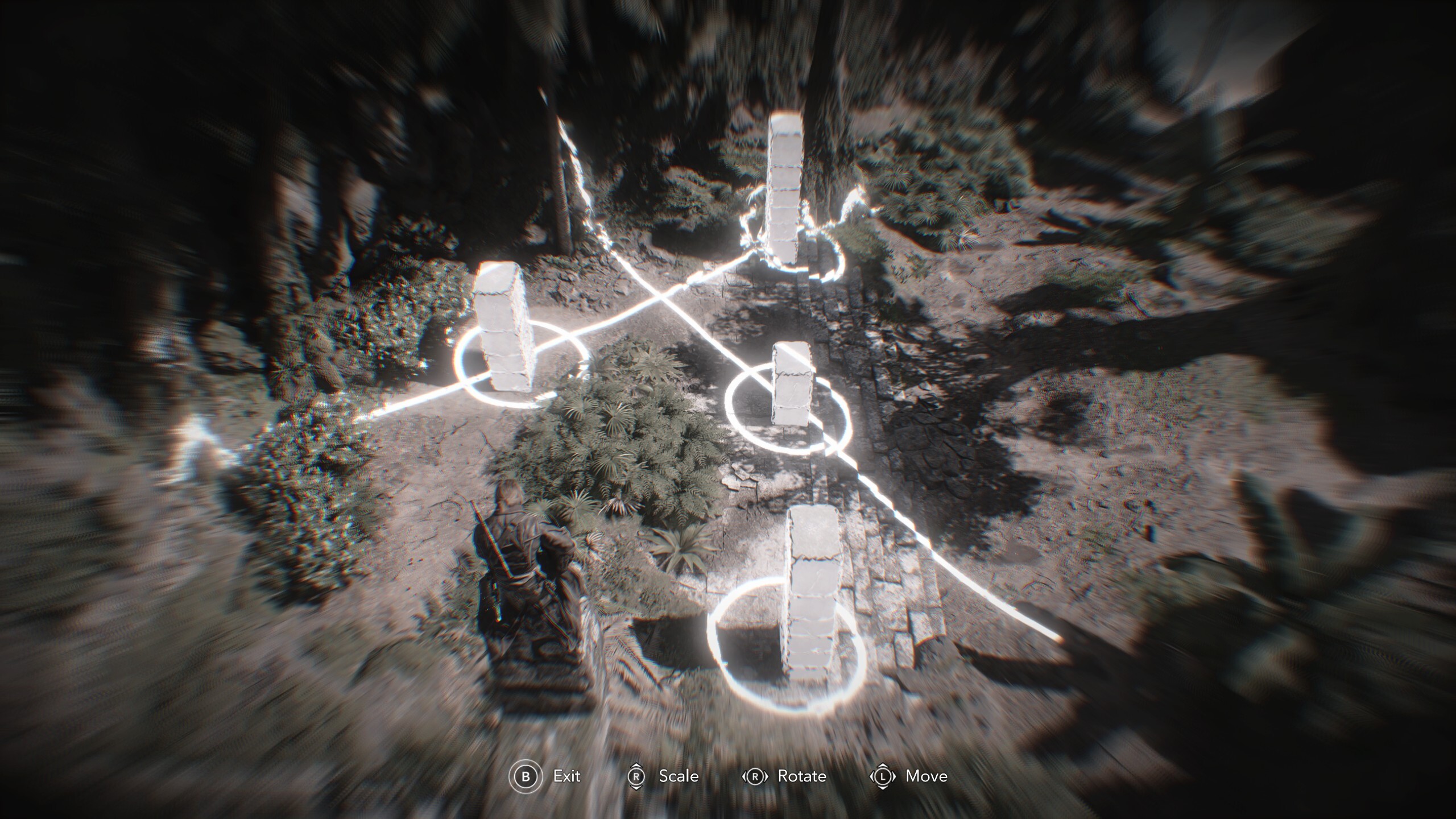 Black Flag Mayan stones: Edward crouched on top of the stele solving the puzzle in the ruins below.