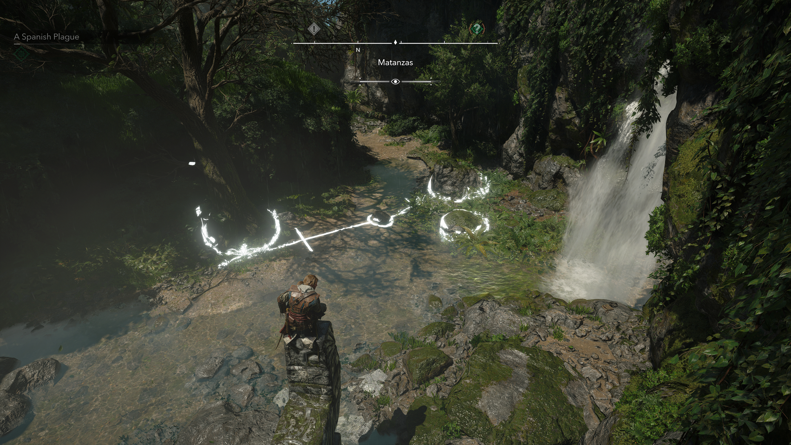 Black Flag Mayan stones: Edward crouched on top of the stele solving the puzzle in the ruins below.
