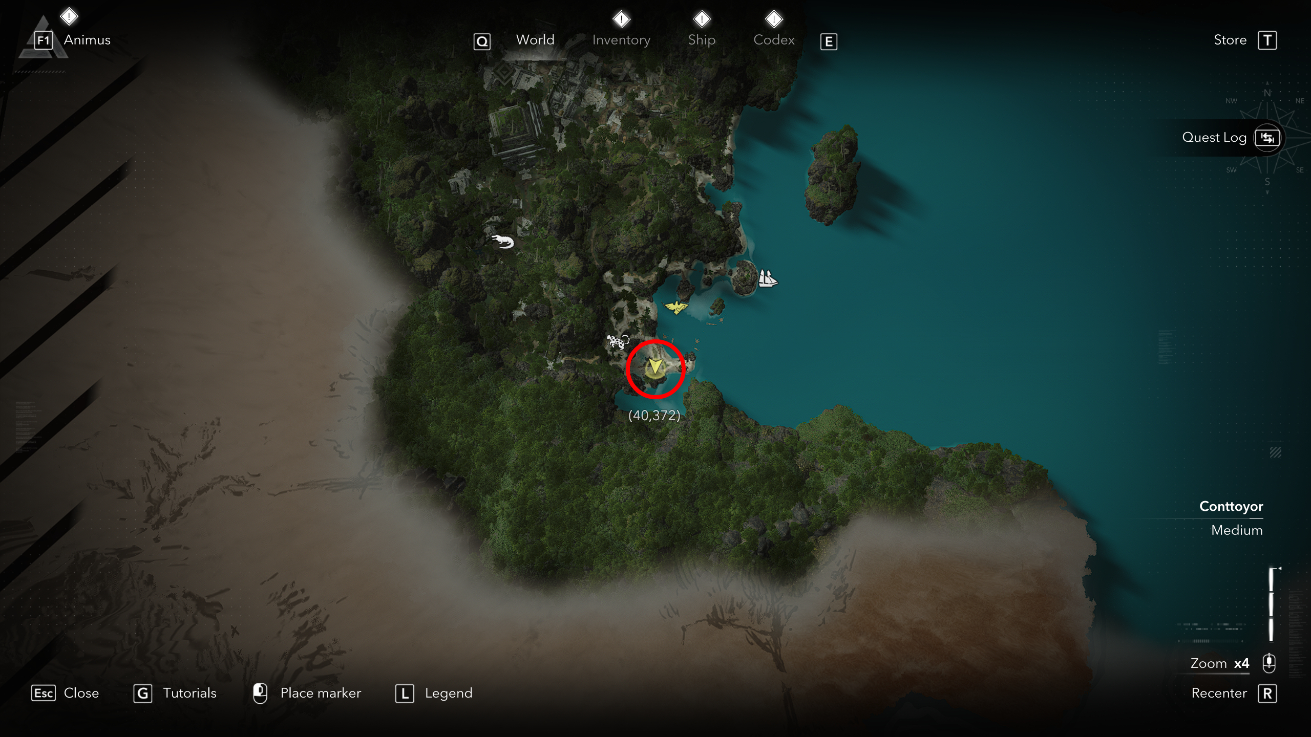 Black Flag treasure maps: A screenshot of the map with a red circle showing the location of the buried treasure chest in Tulum.