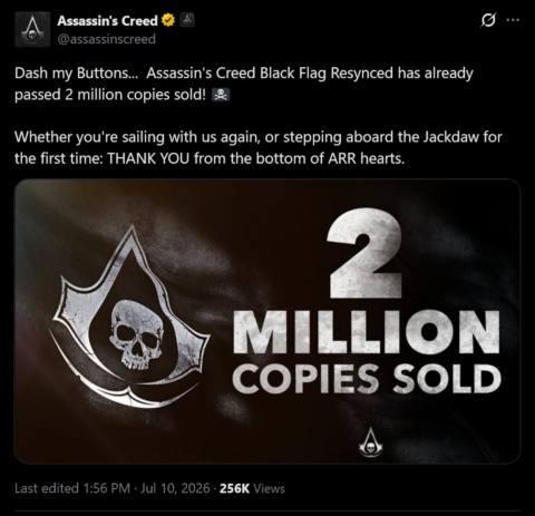 Assassin’s Creed Black Flag Resynced sells 2 million copies in 1 day and achieves the ‘highest concurrent player count ever recorded for an Assassin’s Creed title’ on Steam