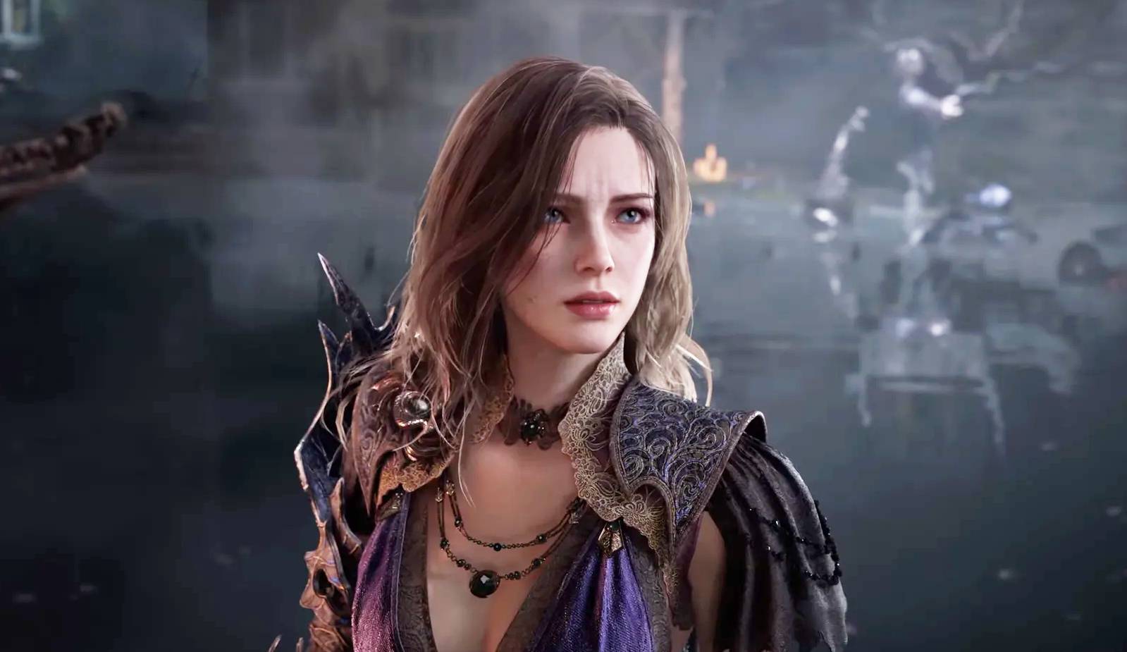 A fantasy woman appears in a dark setting.