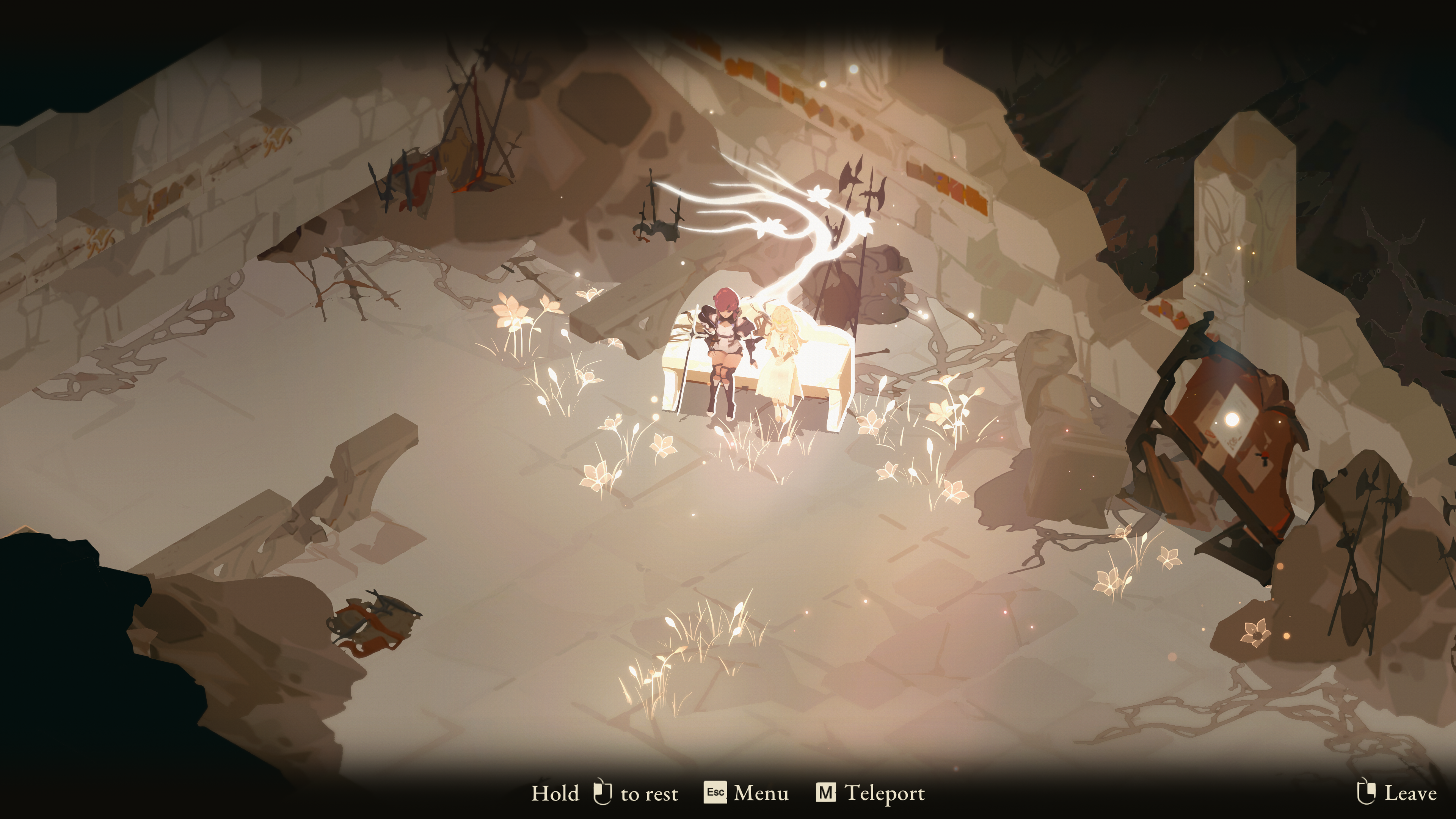 A screenshot of action RPG Lunarium. Two characters sit in a dilapidated stone room on a bright white bench.