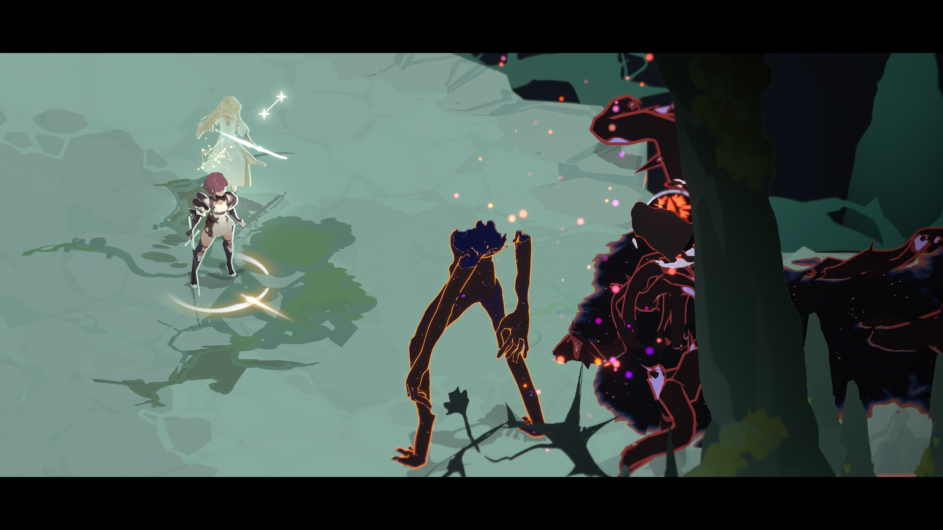 A screenshot of action RPG Lunarium. Two characters stand before a shadow monster as it fades out of existence.