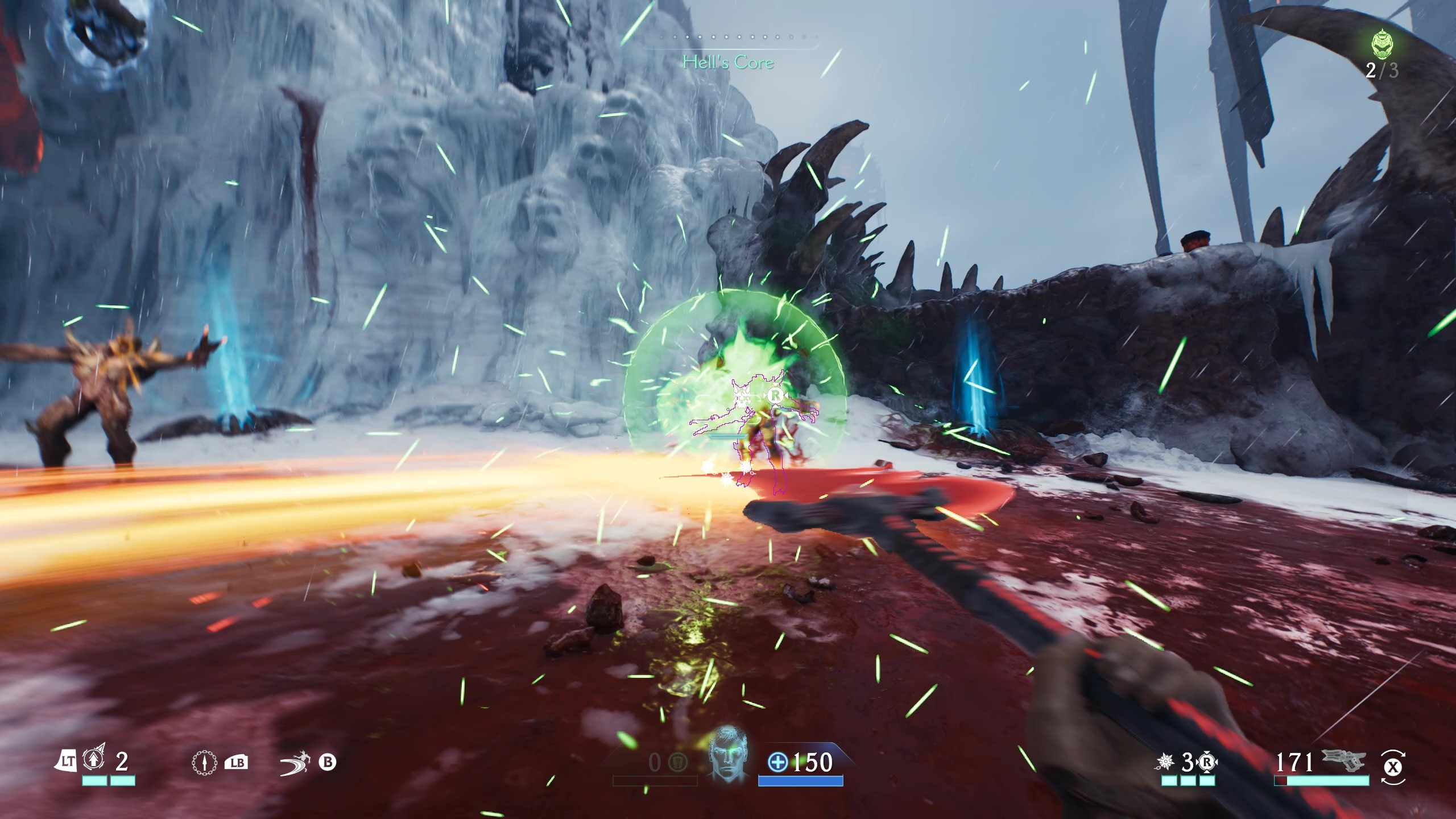 Doom: The Dark Ages - A first-person screenshot of gameplay showing the player parrying an attack with a spear slash.