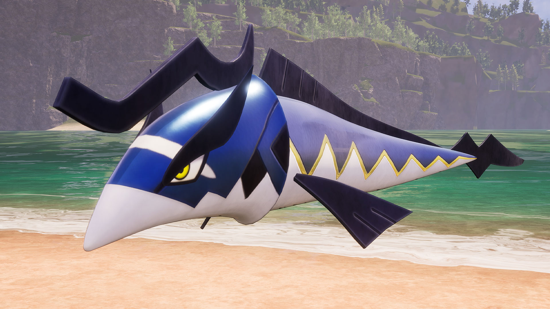 Palworld - Skutlass, a floating blue and white pointy fish with black fins
