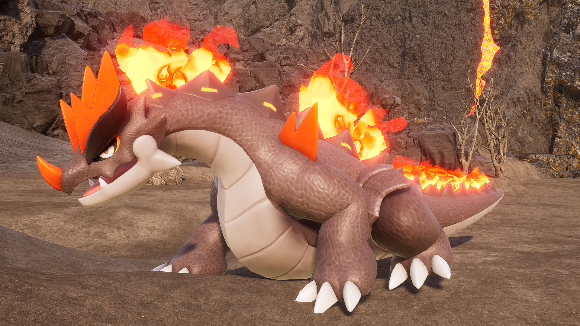 Palworld - Moldron, a brown and white dragon walking on the ground with flaming crests