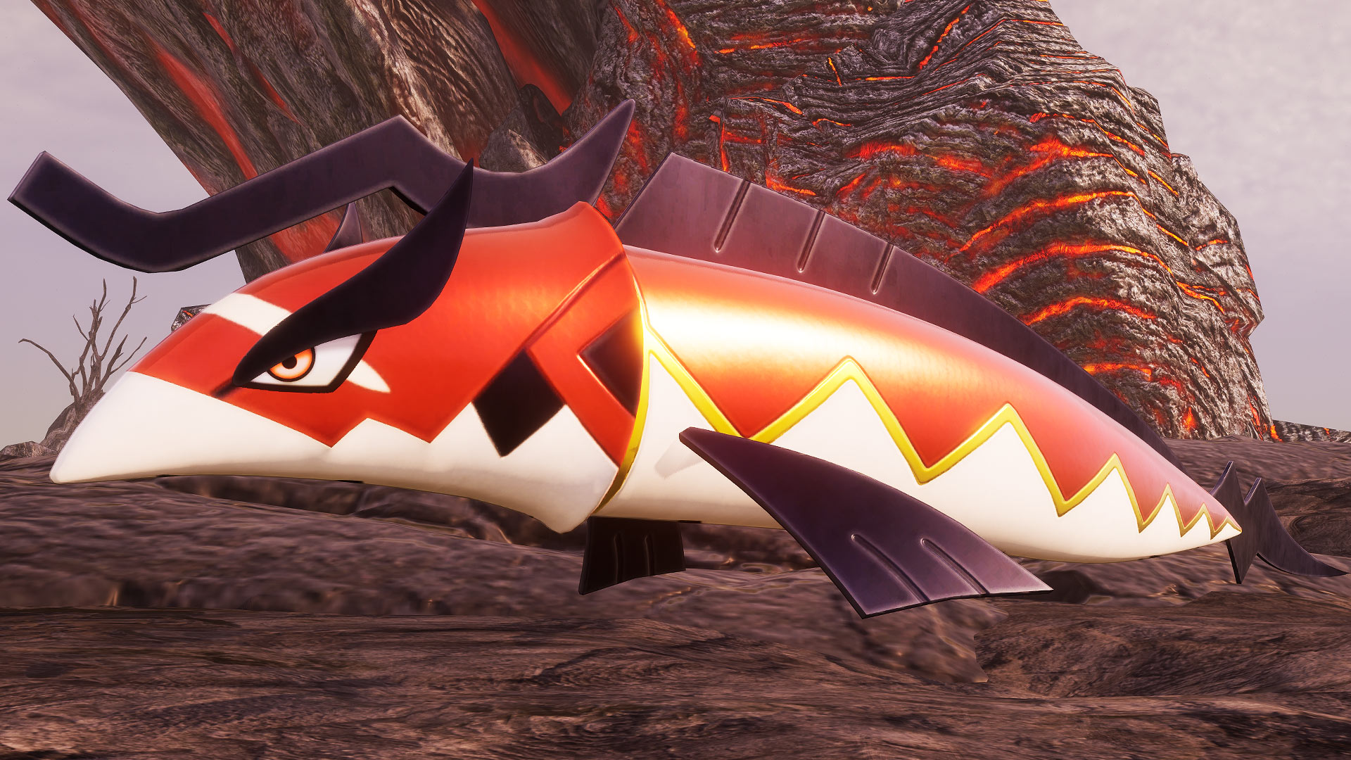 Palworld - Skutlass, a pointy floating red and white pal with black fins