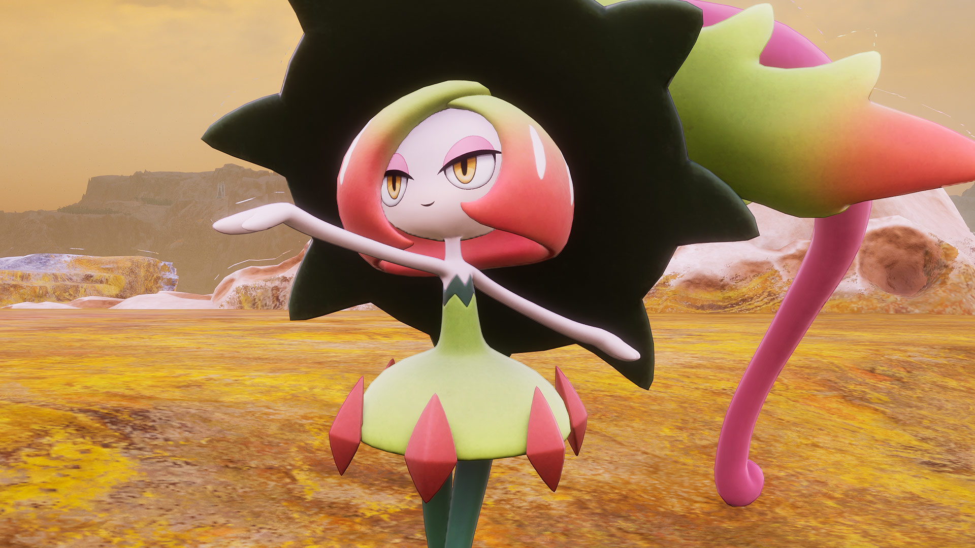 Palworld - Carnibora, a girl-like pal with a green dress, pink hair, and a large hat