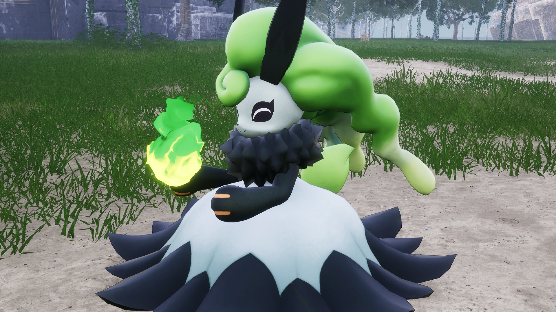 Palworld - Nitemary, a black and white pal with flowing green hair
