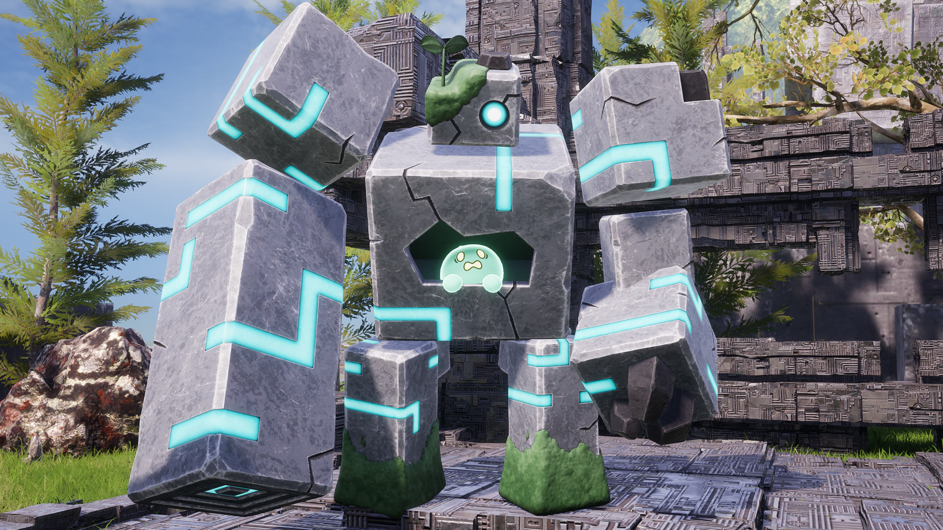 Palworld - Dualith, a blocky stone goldem pal with glowing blue marks and a green blob in its chest