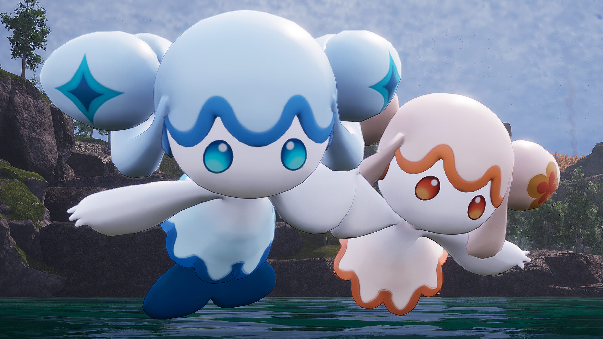 Palworld - two floating doll-like creatures, blue and orange, with wide eyes holding hands