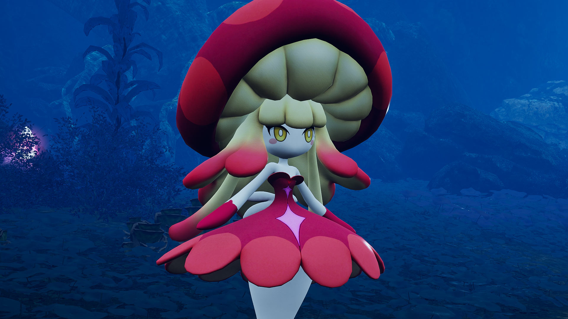 Palworld - Mycora, a pal that looks like a little girl wearing a mushroom and flower dress